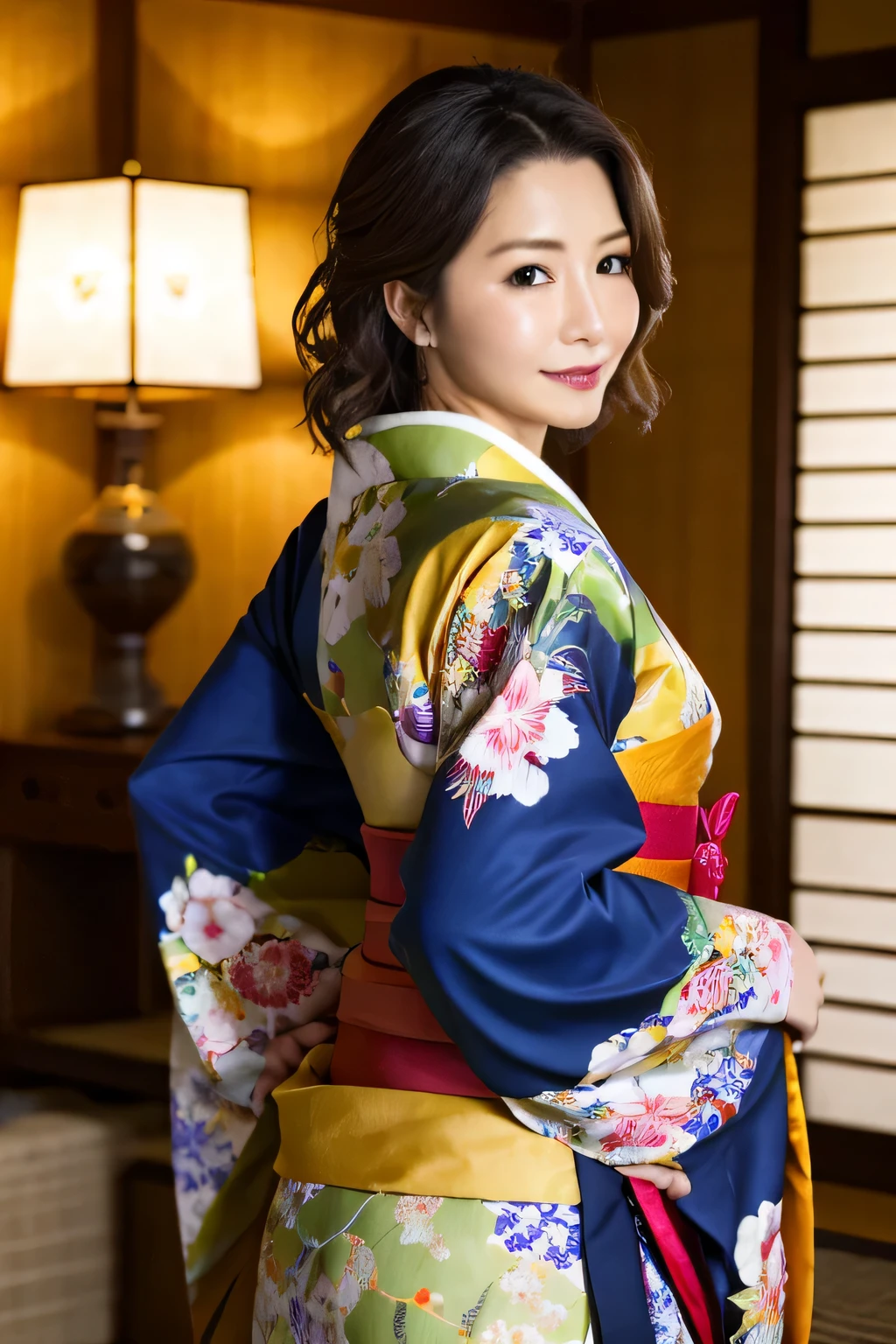 highest quality, masterpiece, ultra high resolution, (realistic:1.4), RAW photo, very detailed, perfect anatomy, cowboy shot, upward waist, looking at the viewer, In a Japanese room, Wearing a luxurious kimono,, Detailed very beautiful black short cut hair, A detailed and luxurious kimono, Special Japanese room, Detailed and very beautiful realistic skin,beautiful mature woman,no makeup,