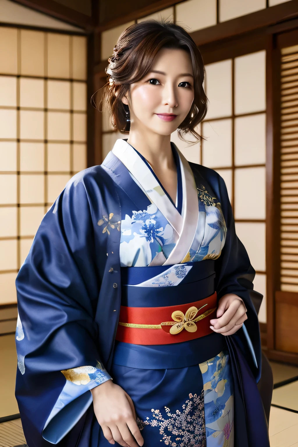 highest quality, masterpiece, ultra high resolution, (realistic:1.4), RAW photo, very detailed, perfect anatomy, cowboy shot, upward waist, looking at the viewer, In a Japanese room, Wearing a luxurious kimono,, Detailed very beautiful black short cut hair, A detailed and luxurious kimono, Special Japanese room, Detailed and very beautiful realistic skin,beautiful mature woman,no makeup,