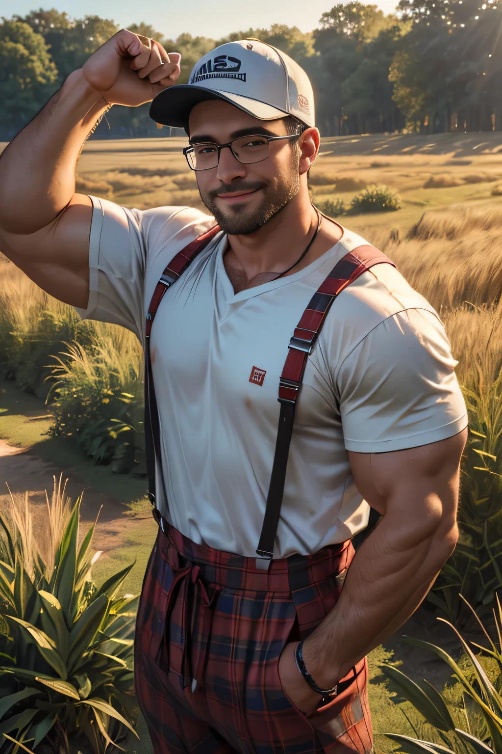 An award-winning original photo，A wild muscular man, (30 years old daddy:1.1), 1boy, Solo, (wearing red plaid overall), (white T shirt), (big shoulders), muscular, short hair, stubbles, Short beard, Beautiful eyes:1.3, ), (Detailed face:1.3), (wearing glasses), (baseball cap), smiles, Dynamic Angle, volumetric lighting, (Best quality, A high resolution, Photorealistic), Cinematic lighting, Masterpiece, RAW photo, Intricate details, hdr, depth of field, paddyfield in the background, from above, golden sunshine