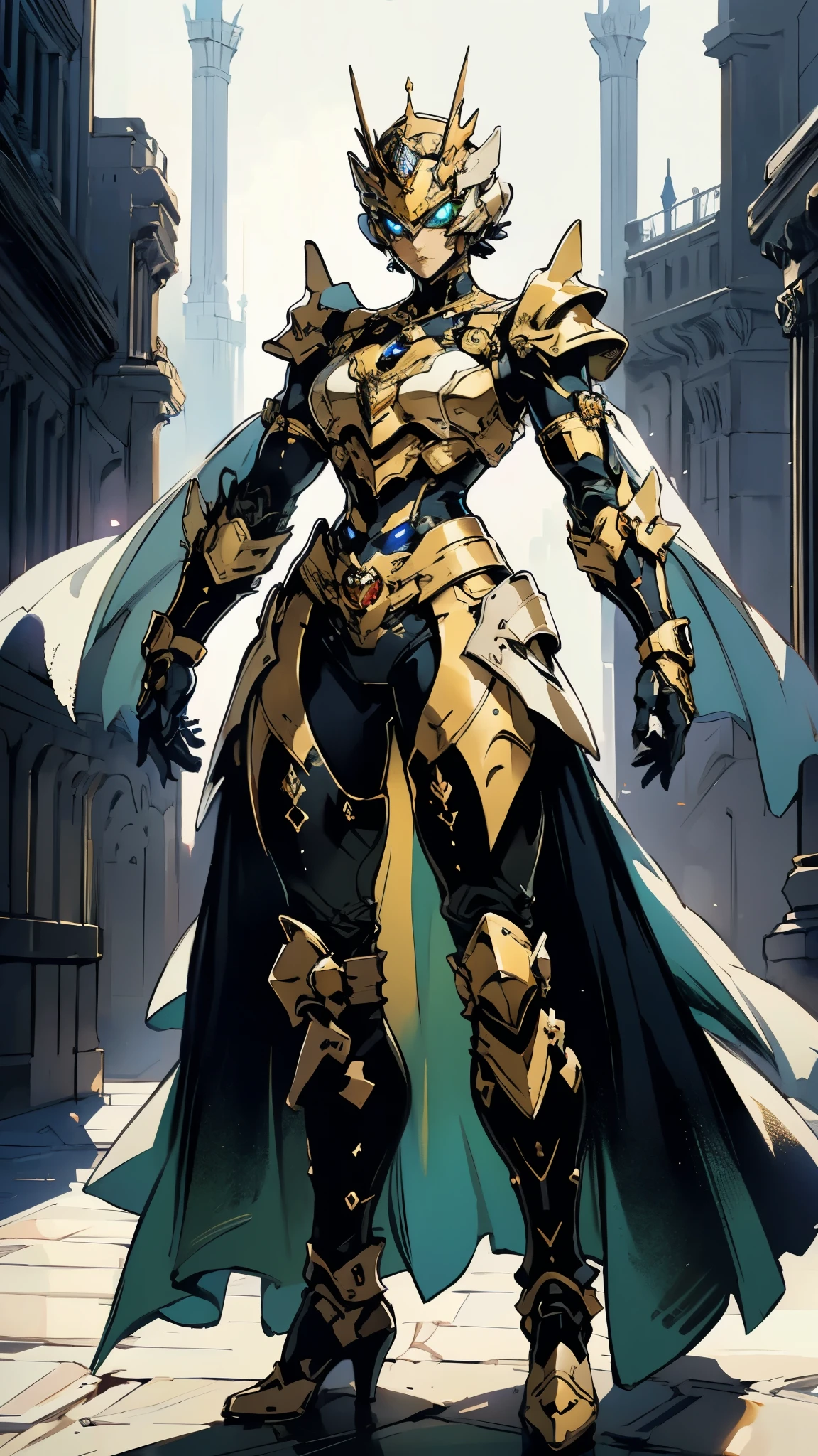A woman adorned in fantasy-style full-body armor, a crown-concept fully enclosed helmet that unveils only her eyes, a composite layered chest plate, fully encompassing shoulder and hand guards, a lightweight waist armor, form-fitting shin guards, the overall design is heavy-duty yet flexible, (the armor gleams with a golden glow, complemented by red and blue accents), exhibiting a noble aura, she floats above a fantasy-surreal high-tech city, this character embodies a finely crafted fantasy-surreal style armored hero in anime style, exquisite and mature manga art style, (mixture of Queen bee and Spider concept Armor, plasma), ((Element, elegant, goddess, femminine:1.5)), metallic, high definition, best quality, highres, ultra-detailed, ultra-fine painting, extremely delicate, professional, anatomically correct, symmetrical face, extremely detailed eyes and face, high quality eyes, creativity, RAW photo, UHD, 32k, Natural light, cinematic lighting, masterpiece-anatomy-perfect, masterpiece:1.5