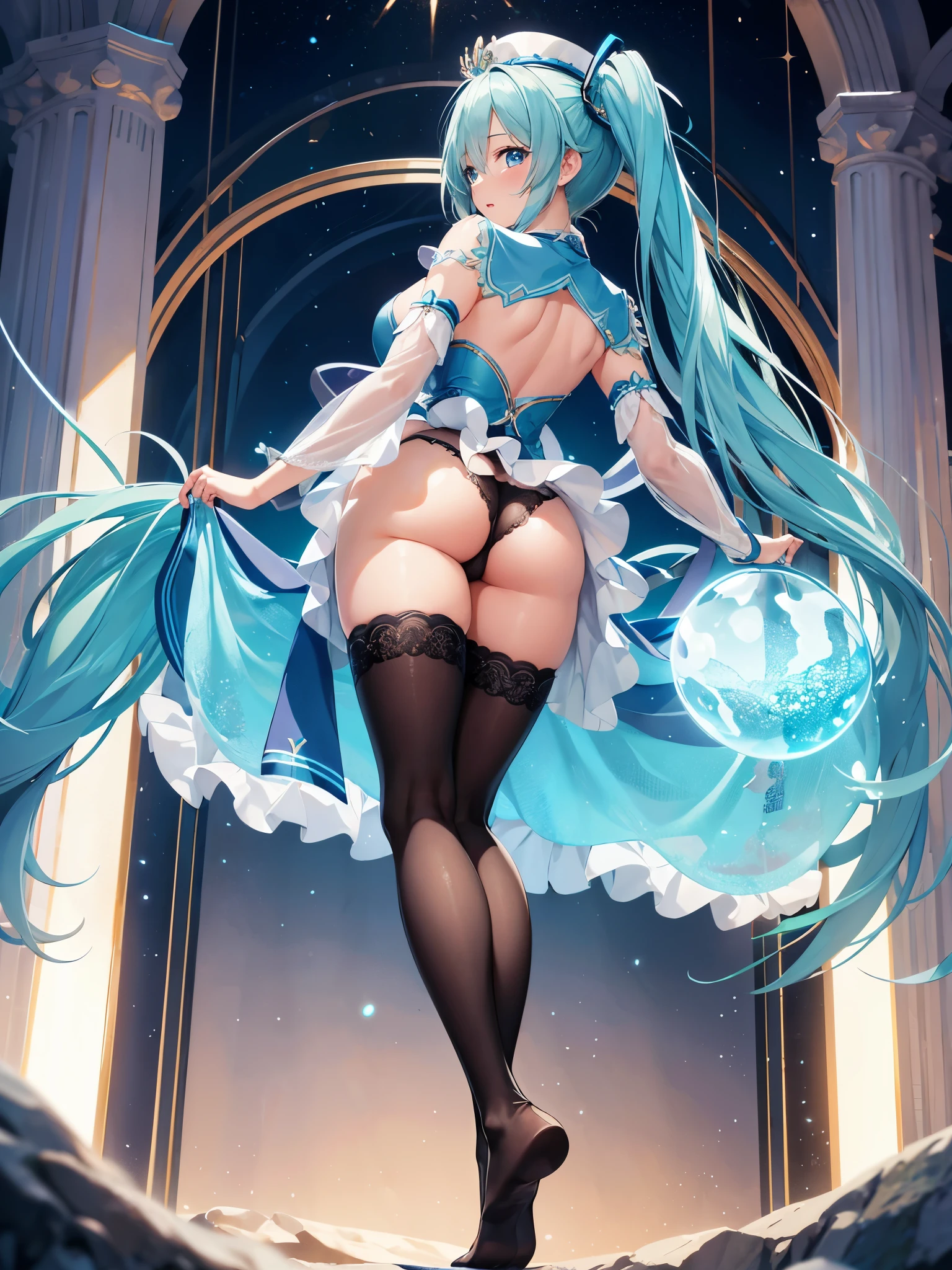 (1 girl),(high quality), (High resolution), (extremely detailed), (8K),(focus on lower body),(CG)、goddess of the sea、goddess outfit、transparent costume、blue dress、Magic Mentor、sexy panties、(black knee high stockings:1.2)、nipple shape、No shoes、neutral white lighting,sexy pose、showing panties、Hatsune Miku、Turning your back and sticking out your butt