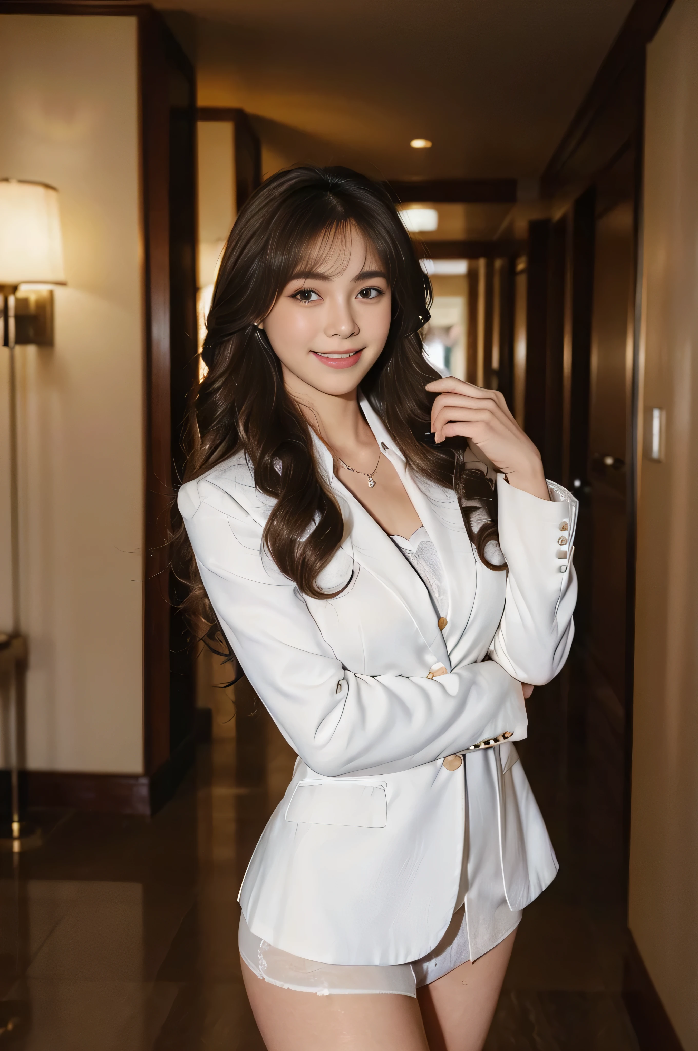 ((beautiful a girl:1.3))((office suit:White Blazer:1.4))((panty shot:1.5)) ,((Mini dress in white:1.3))((button blouse_long sleeves:1.4)) ((hotel lobby:1.3)) ((walk towards me:1.4))((Thin_fabric:1.4)) ((random sexy pose:1.3)) ((flushed face:1.4)) ((medium breasts:1.2)) ((Close-up:1.2)) highest quality、muste piece、ultra high resolution、(photorealistic:1.4)、Raw photo、(real skin texture:1.3)、(film grain:1.3)、panorama、character portrait、very wide shot、thin waist、cowboy shot、(in the dark、deep shadow、moderate、cold light、)night、((loosely curled hair))、streaming tears、、dust、Tyndall effect、(expression)、1 girl、beautiful detailed eyes and face、white jabot、brown eyes、((brown super long hair:1.2)) ((whole body:1.3)) ((smile:1.3))
