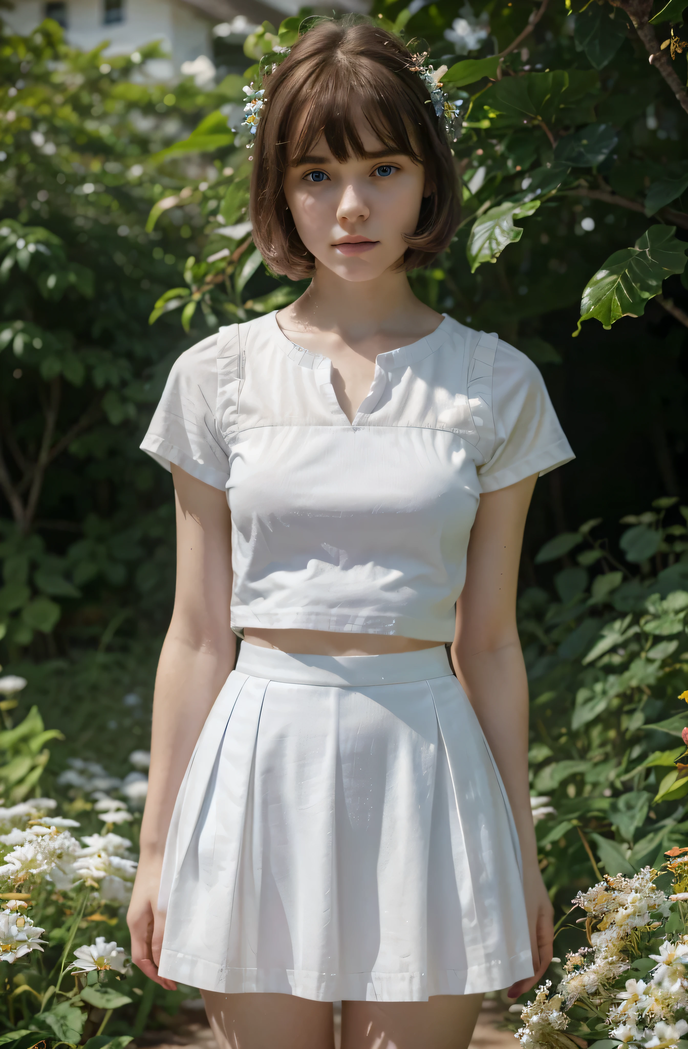 (Mejor calidad,hyper realistic,ultra detallado,8K), adolescente, Fifteen years old, shy, triste, palidez, grandes ojos azules, piel muy blanca, small nose, short brown hair with bangs, melancholia, hermoso, una blusa blanca de manga corta con rombos blancos y rojos, a long indigo skirt, casa de Campo, bright day.