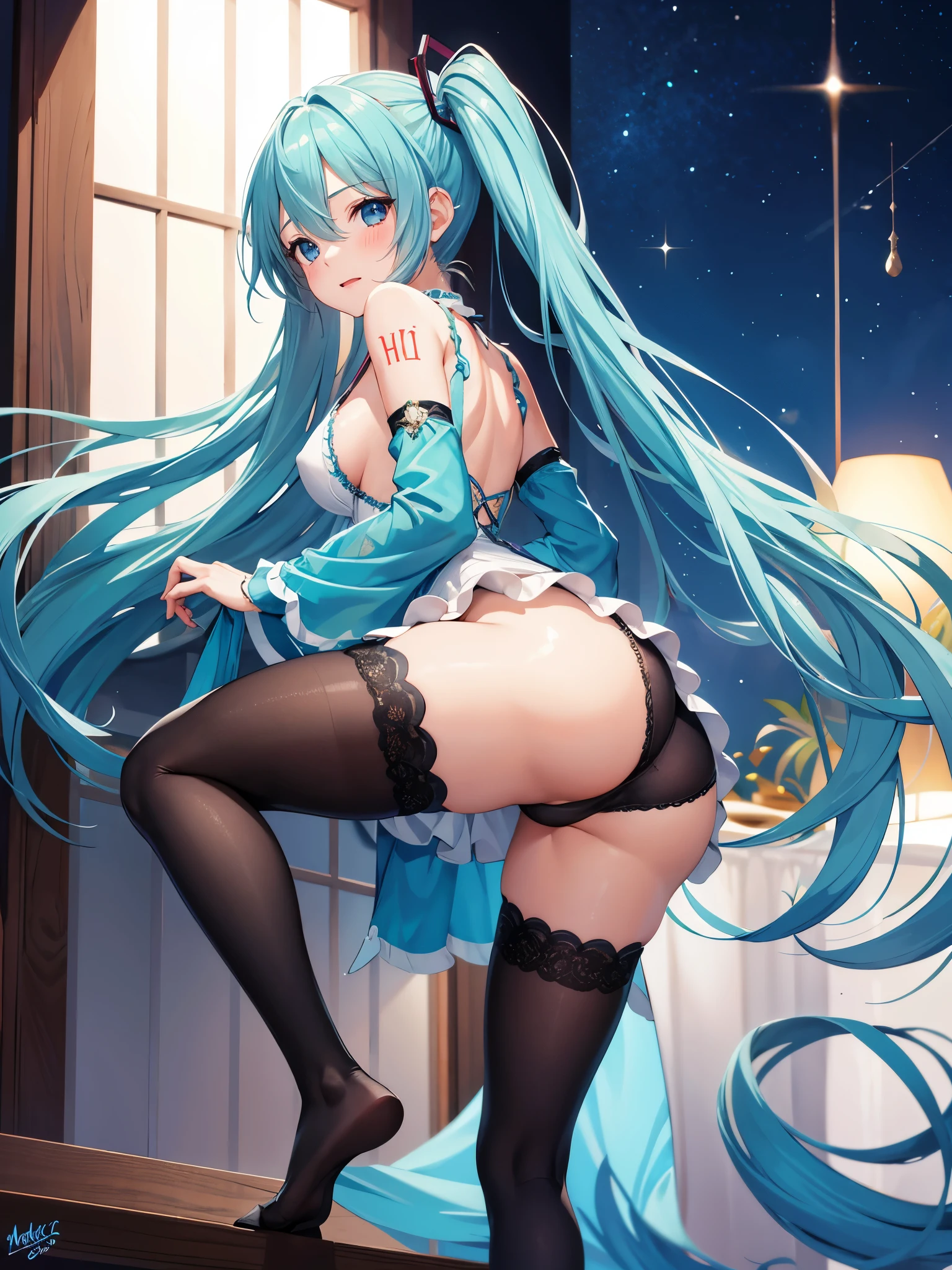 (1 girl),(high quality), (High resolution), (extremely detailed), (8K),(focus on lower body),(CG)、goddess of the sea、goddess outfit、transparent costume、blue dress、Magic Mentor、sexy panties、(black knee high stockings:1.2)、nipple shape、No shoes、neutral white lighting,sexy pose、showing panties、Hatsune Miku、Turning your back and sticking out your butt、fantasy world