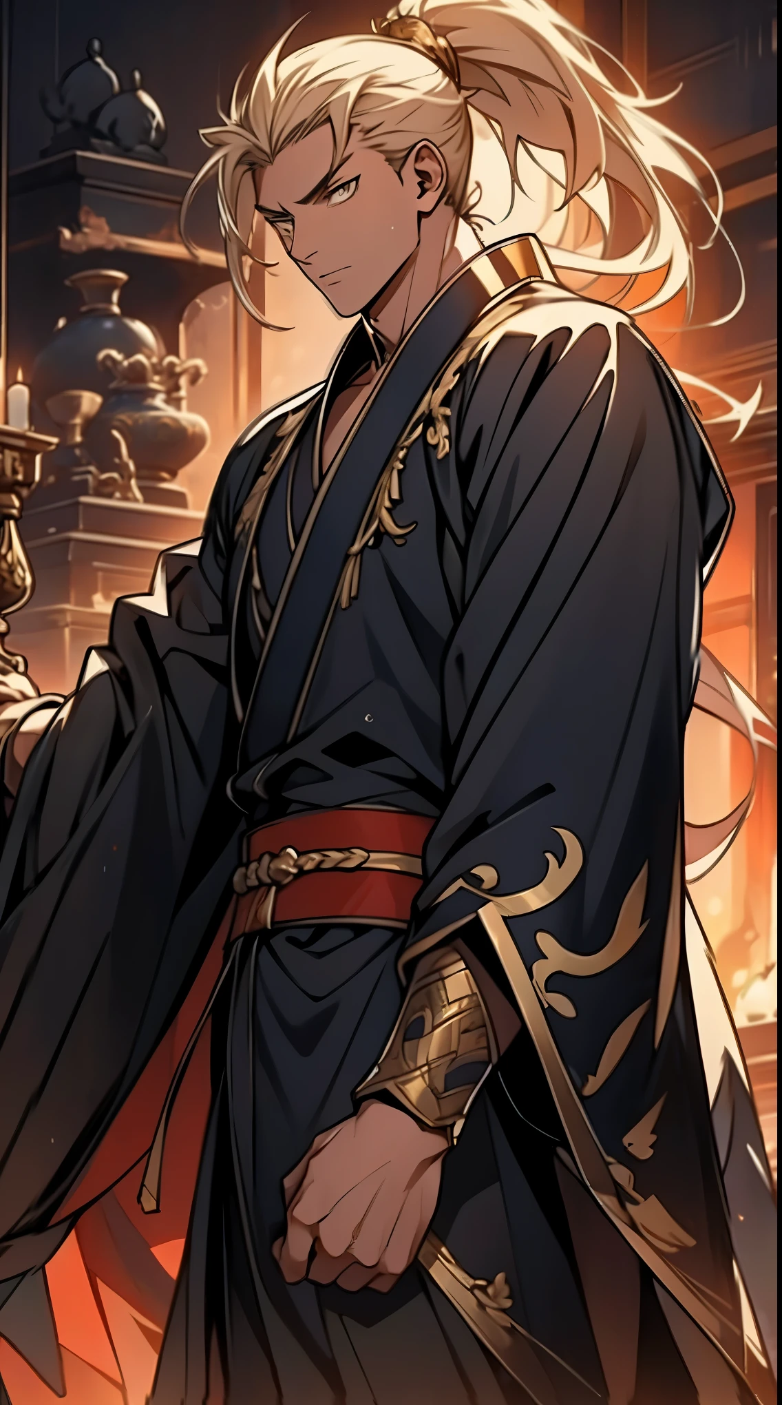 Two dimensions,anime style,one person(male warrior),proportions are correct,facial details,swordsman,high ponytail hairstyle,neck detail,Have an Adam's apple,Black and gold robe,joke,Black and gold robe,clothing details,Hand over,long sleeves,Game quality,fencing,Ray tracing,Ray tracing,Detailed glow,CG rendering,hair details,Long black and blond hair,Black-gold eyes,Handsome,Handsome,(Youthful feeling),Costumes are complicated,Perfect composition,refine,high quality,higher details,many details,Complex background,a sense of atmosphere,