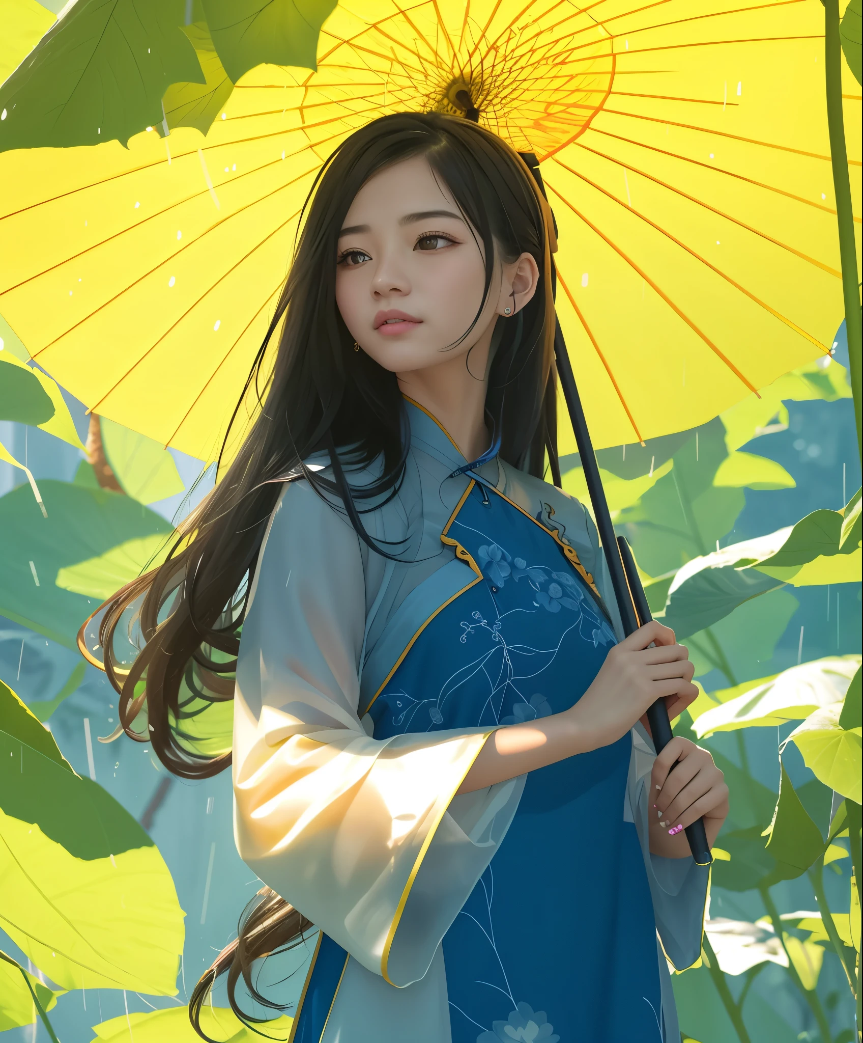 An enchanting depiction of the The rains Chinese solar term festival,spring, Super realistic style,A girl with an umbrella, long black hair, in a dress, behindher are large leaves with rain on them, on a rainy spring day, leaves, fairytale,atercolorpainting, sense of light,fairytale, fantasy, brightoackground, Artwork, flat illustration, Victo Ngastyle,16k ,super detailed --ar 4:3--s 750 --niji 5