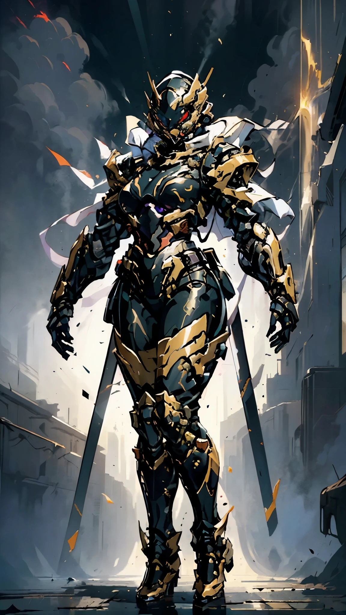 A woman adorned in fantasy-style full-body armor, a crown-concept fully enclosed helmet that unveils only her eyes, a composite layered chest plate, fully encompassing shoulder and hand guards, a lightweight waist armor, form-fitting shin guards, the overall design is heavy-duty yet flexible, (the armor gleams with a golden glow, complemented by red and blue accents), exhibiting a noble aura, she floats above a fantasy-surreal high-tech city, this character embodies a finely crafted fantasy-surreal style armored hero in anime style, exquisite and mature manga art style, (mixture of Queen bee and Spider concept Armor, plasma), ((Element, elegant, goddess, femminine:1.5)), metallic, high definition, best quality, highres, ultra-detailed, ultra-fine painting, extremely delicate, professional, anatomically correct, symmetrical face, extremely detailed eyes and face, high quality eyes, creativity, RAW photo, UHD, 32k, Natural light, cinematic lighting, masterpiece-anatomy-perfect, masterpiece:1.5