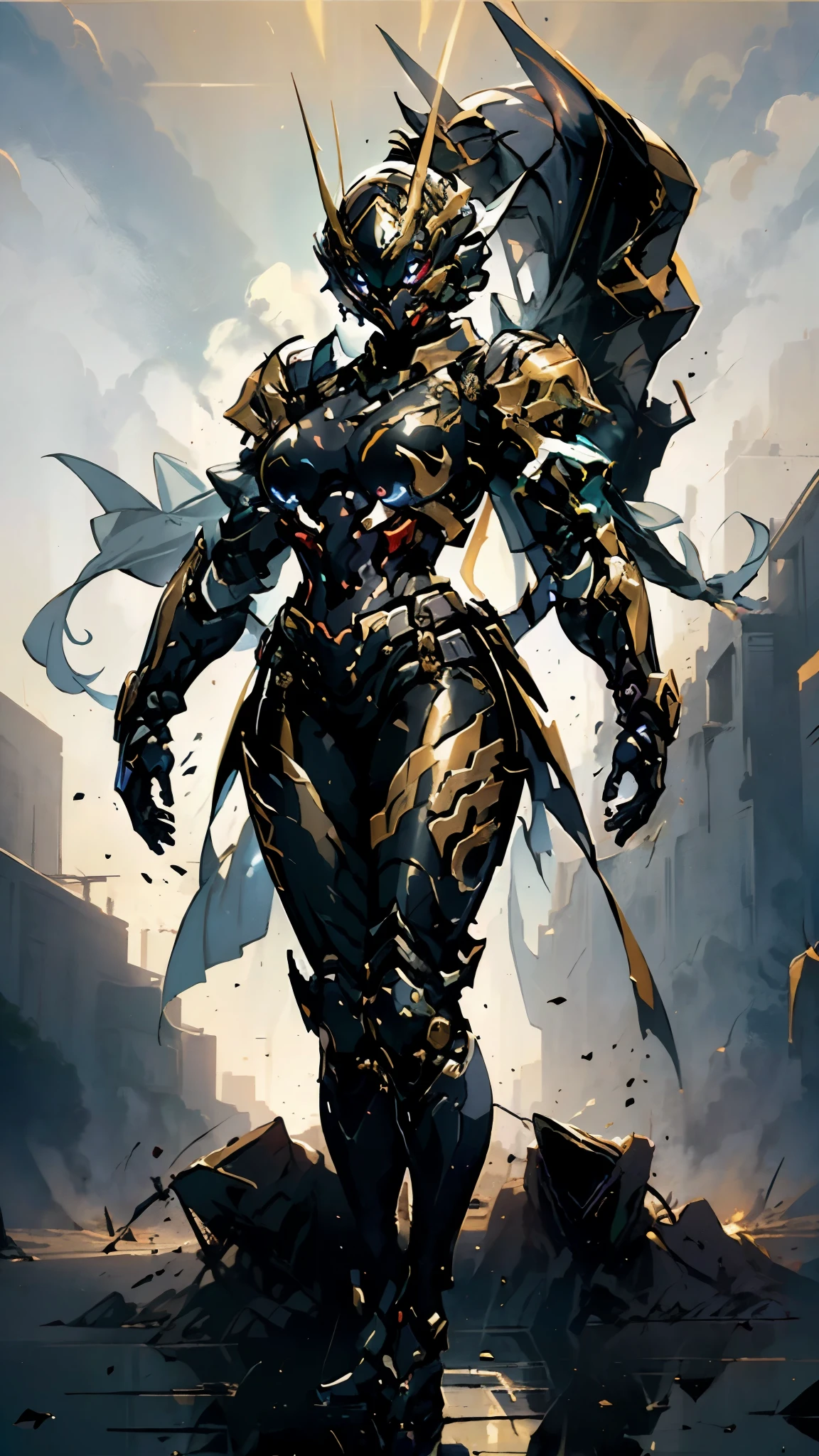 A woman adorned in fantasy-style full-body armor, a crown-concept fully enclosed helmet that unveils only her eyes, a composite layered chest plate, fully encompassing shoulder and hand guards, a lightweight waist armor, form-fitting shin guards, the overall design is heavy-duty yet flexible, (the armor gleams with a golden glow, complemented by red and blue accents), exhibiting a noble aura, she floats above a fantasy-surreal high-tech city, this character embodies a finely crafted fantasy-surreal style armored hero in anime style, exquisite and mature manga art style, (mixture of Queen bee and Spider concept Armor, plasma), ((Element, elegant, goddess, femminine:1.5)), metallic, high definition, best quality, highres, ultra-detailed, ultra-fine painting, extremely delicate, professional, anatomically correct, symmetrical face, extremely detailed eyes and face, high quality eyes, creativity, RAW photo, UHD, 32k, Natural light, cinematic lighting, masterpiece-anatomy-perfect, masterpiece:1.5