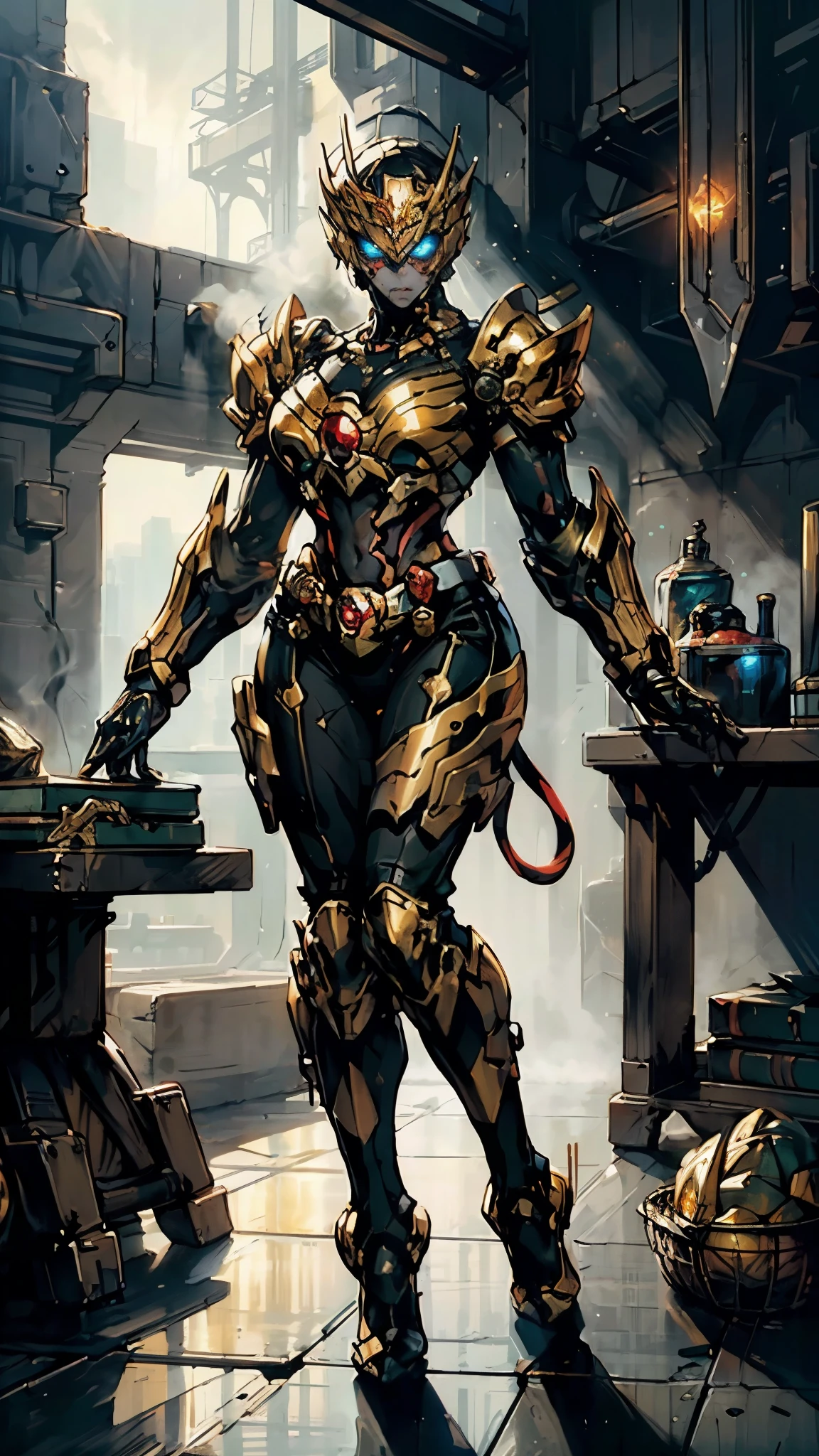 A woman adorned in fantasy-style full-body armor, a crown-concept fully enclosed helmet that unveils only her eyes, a composite layered chest plate, fully encompassing shoulder and hand guards, a lightweight waist armor, form-fitting shin guards, the overall design is heavy-duty yet flexible, (the armor gleams with a golden glow, complemented by red and blue accents), exhibiting a noble aura, she floats above a fantasy-surreal high-tech city, this character embodies a finely crafted fantasy-surreal style armored hero in anime style, exquisite and mature manga art style, (mixture of Queen bee and Spider concept Armor, plasma), ((Element, elegant, goddess, femminine:1.5)), metallic, high definition, best quality, highres, ultra-detailed, ultra-fine painting, extremely delicate, professional, anatomically correct, symmetrical face, extremely detailed eyes and face, high quality eyes, creativity, RAW photo, UHD, 32k, Natural light, cinematic lighting, masterpiece-anatomy-perfect, masterpiece:1.5