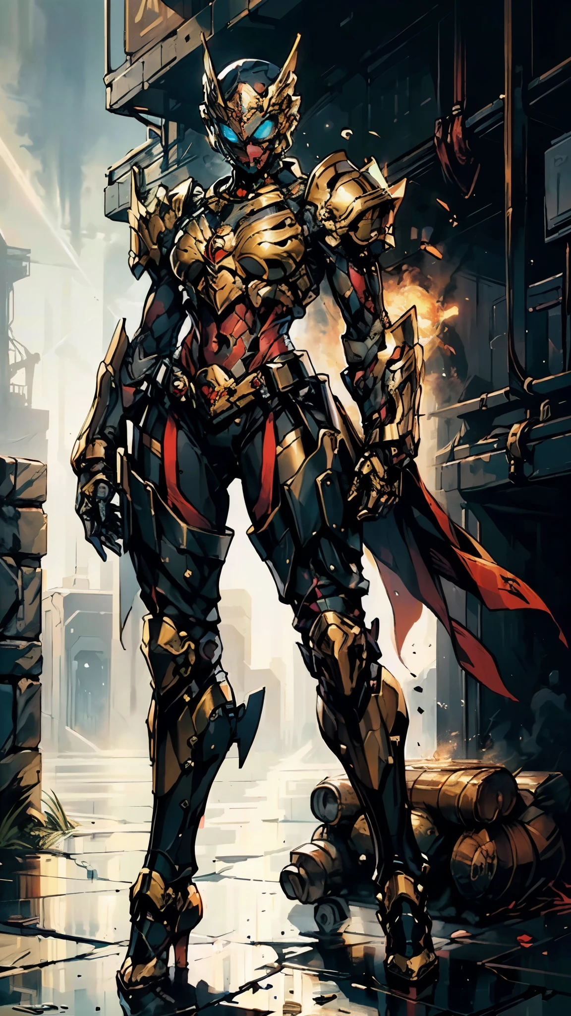 A woman adorned in fantasy-style full-body armor, a crown-concept fully enclosed helmet that unveils only her eyes, a composite layered chest plate, fully encompassing shoulder and hand guards, a lightweight waist armor, form-fitting shin guards, the overall design is heavy-duty yet flexible, (the armor gleams with a golden glow, complemented by red and blue accents), exhibiting a noble aura, she floats above a fantasy-surreal high-tech city, this character embodies a finely crafted fantasy-surreal style armored hero in anime style, exquisite and mature manga art style, (mixture of Queen bee and Spider concept Armor, plasma), ((Element, elegant, goddess, femminine:1.5)), metallic, high definition, best quality, highres, ultra-detailed, ultra-fine painting, extremely delicate, professional, anatomically correct, symmetrical face, extremely detailed eyes and face, high quality eyes, creativity, RAW photo, UHD, 32k, Natural light, cinematic lighting, masterpiece-anatomy-perfect, masterpiece:1.5