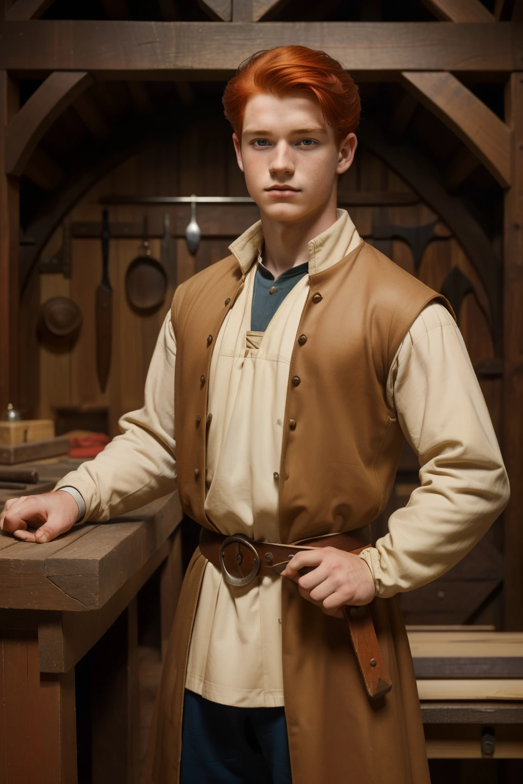 England, 1337. A young ((((21-year-old)) Merthin Fitzgerald)), handsome, athletic, carpenter, working, workshop, ((concentration expression)). ((((clothings from the 1300s)))), ((redhead hairstyle of the 1300s))