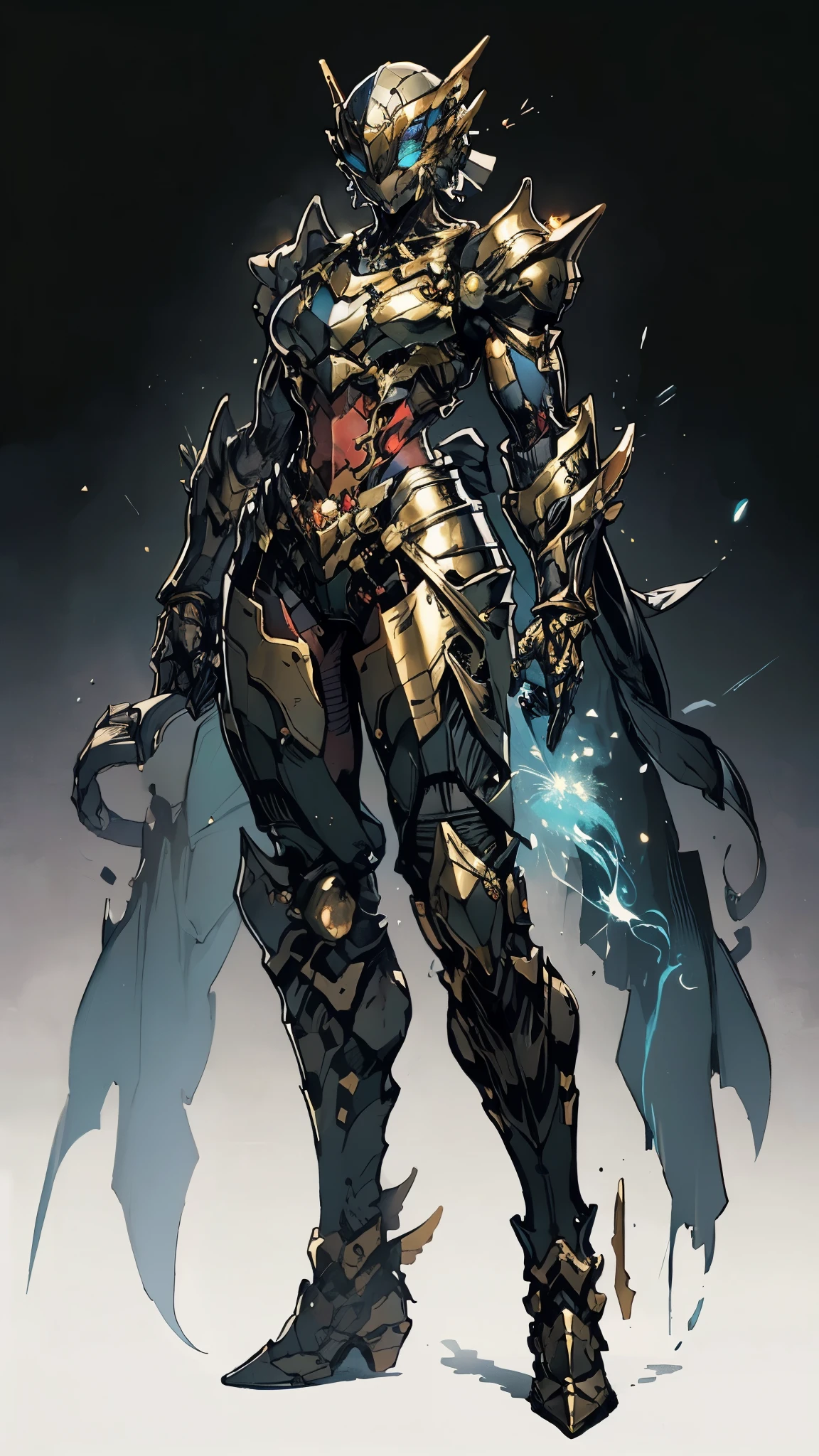 A woman adorned in fantasy-style full-body armor, a crown-concept fully enclosed helmet that unveils only her eyes, a composite layered chest plate, fully encompassing shoulder and hand guards, a lightweight waist armor, form-fitting shin guards, the overall design is heavy-duty yet flexible, (the armor gleams with a golden glow, complemented by red and blue accents), exhibiting a noble aura, she floats above a fantasy-surreal high-tech city, this character embodies a finely crafted fantasy-surreal style armored hero in anime style, exquisite and mature manga art style, (mixture of Queen bee and Spider concept Armor, plasma), ((Element, elegant, goddess, femminine:1.5)), metallic, high definition, best quality, highres, ultra-detailed, ultra-fine painting, extremely delicate, professional, anatomically correct, symmetrical face, extremely detailed eyes and face, high quality eyes, creativity, RAW photo, UHD, 32k, Natural light, cinematic lighting, masterpiece-anatomy-perfect, masterpiece:1.5