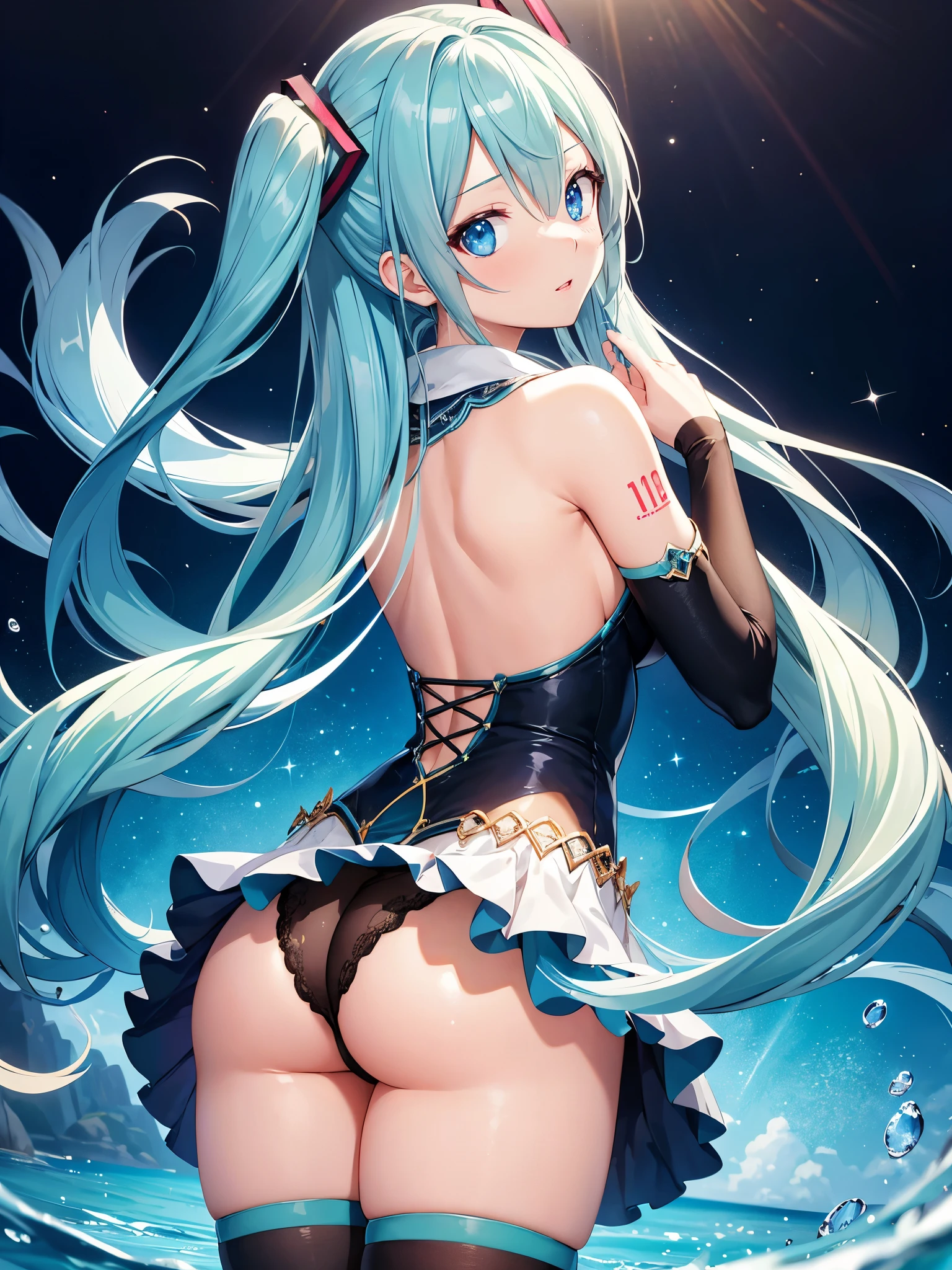 (1 girl),(high quality), (High resolution), (extremely detailed), (8K),(focus on lower body),(CG)、goddess of the sea、goddess outfit、transparent costume、blue dress、Magic Mentor、sexy panties、(black knee high stockings:1.2)、nipple shape、No shoes、neutral white lighting,sexy pose、showing panties、Hatsune Miku、Turning your back and sticking out your butt、fantasy world