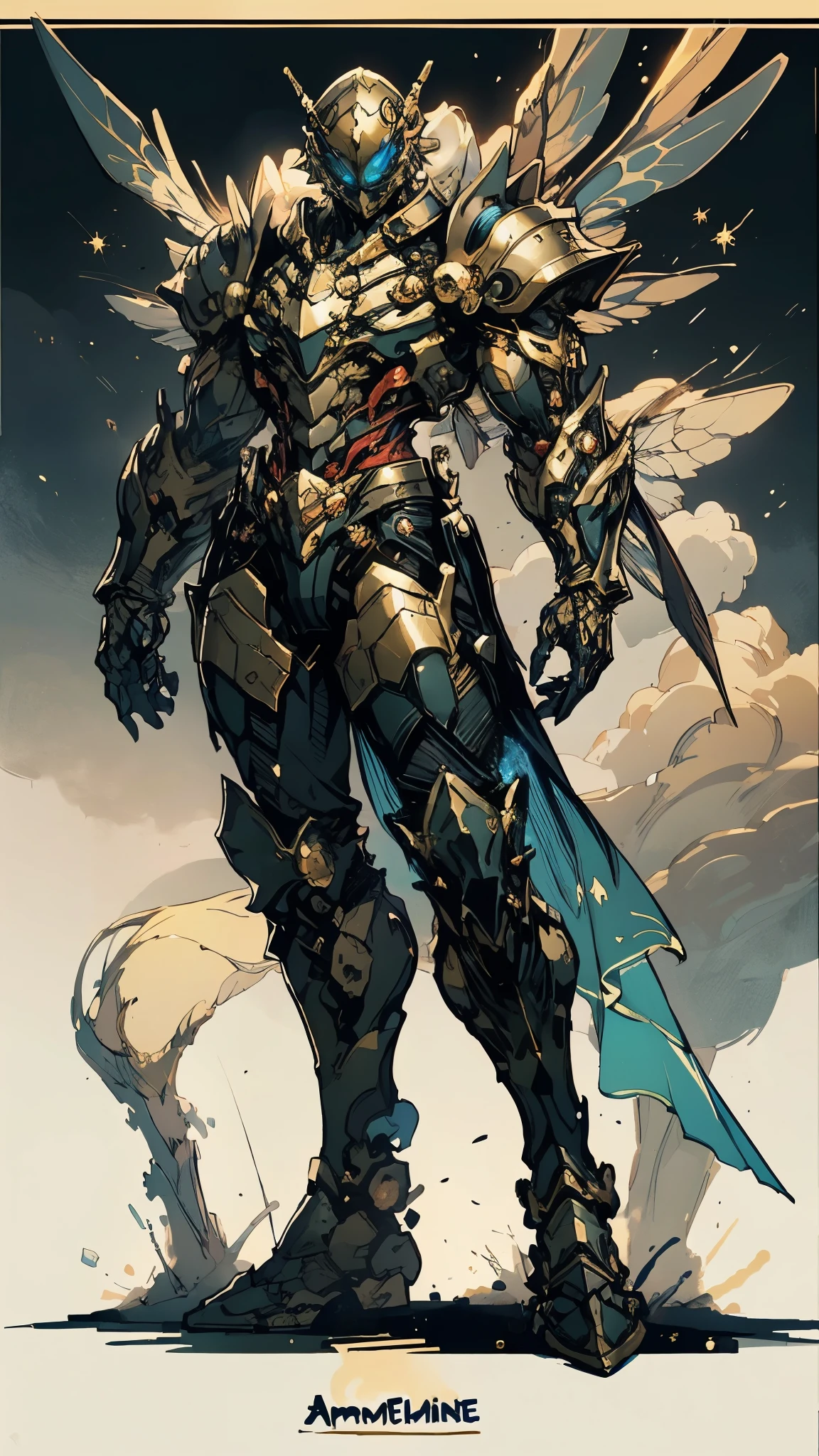 A woman adorned in fantasy-style full-body armor, a crown-concept fully enclosed helmet that unveils only her eyes, a composite layered chest plate, fully encompassing shoulder and hand guards, a lightweight waist armor, form-fitting shin guards, the overall design is heavy-duty yet flexible, (the armor gleams with a golden glow, complemented by red and blue accents), exhibiting a noble aura, she floats above a fantasy-surreal high-tech city, this character embodies a finely crafted fantasy-surreal style armored hero in anime style, exquisite and mature manga art style, (mixture of Queen bee and Spider concept Armor, plasma), ((Element, elegant, goddess, femminine:1.5)), metallic, high definition, best quality, highres, ultra-detailed, ultra-fine painting, extremely delicate, professional, anatomically correct, symmetrical face, extremely detailed eyes and face, high quality eyes, creativity, RAW photo, UHD, 32k, Natural light, cinematic lighting, masterpiece-anatomy-perfect, masterpiece:1.5