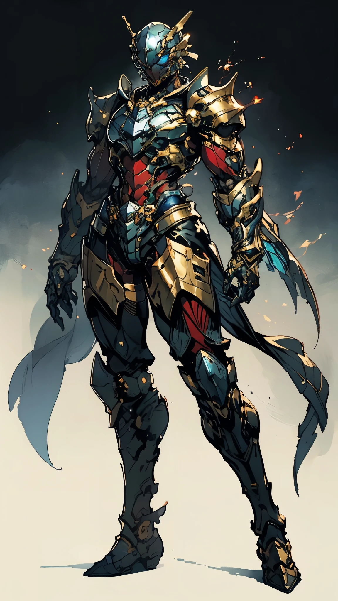 A woman adorned in fantasy-style full-body armor, a crown-concept fully enclosed helmet that unveils only her eyes, a composite layered chest plate, fully encompassing shoulder and hand guards, a lightweight waist armor, form-fitting shin guards, the overall design is heavy-duty yet flexible, (the armor gleams with a golden glow, complemented by red and blue accents), exhibiting a noble aura, she floats above a fantasy-surreal high-tech city, this character embodies a finely crafted fantasy-surreal style armored hero in anime style, exquisite and mature manga art style, (mixture of Queen bee and Spider concept Armor, plasma), ((Element, elegant, goddess, femminine:1.5)), metallic, high definition, best quality, highres, ultra-detailed, ultra-fine painting, extremely delicate, professional, anatomically correct, symmetrical face, extremely detailed eyes and face, high quality eyes, creativity, RAW photo, UHD, 32k, Natural light, cinematic lighting, masterpiece-anatomy-perfect, masterpiece:1.5