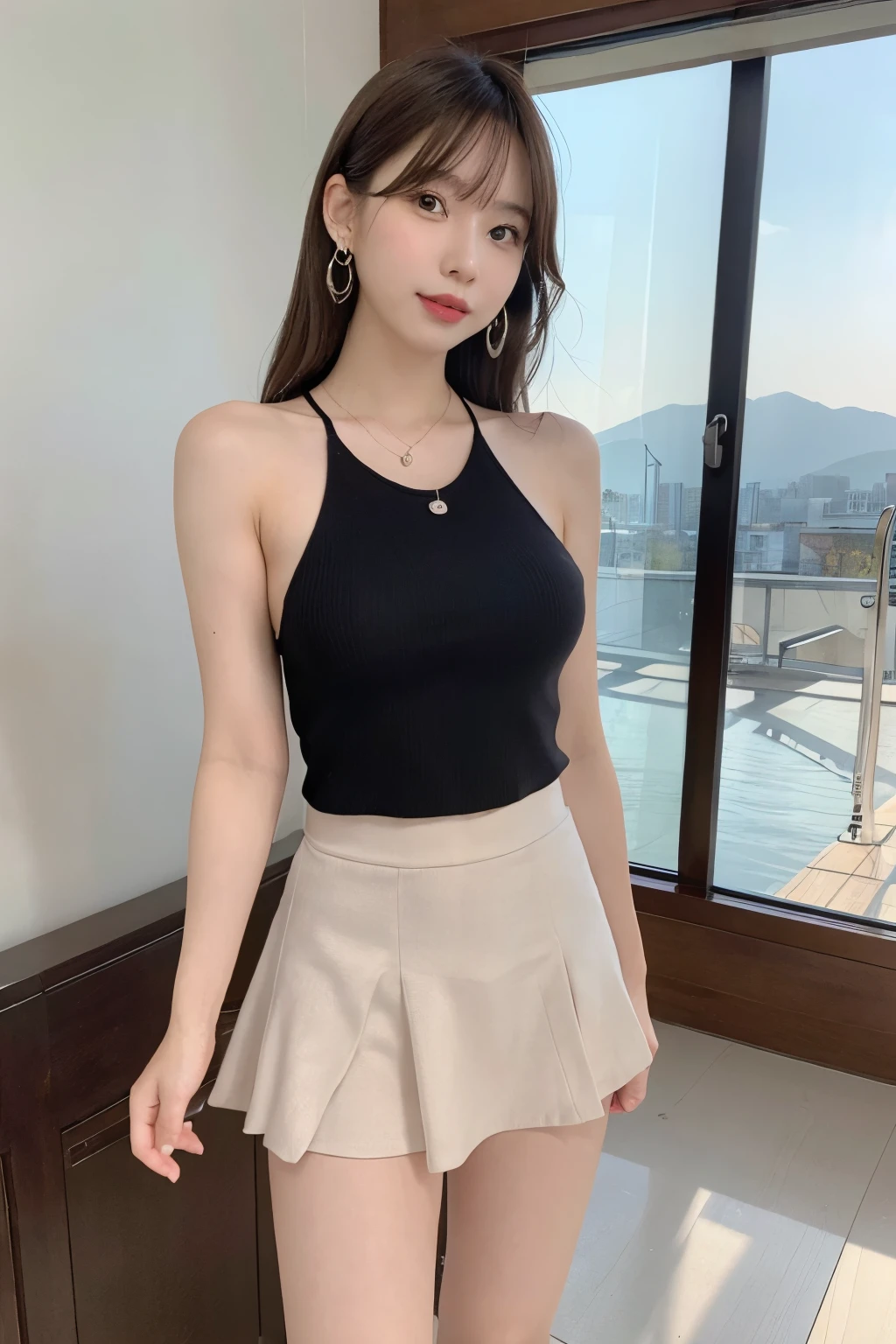 (8k, RAW photo, best quality, masterpiece:1.2), (realistic, photo-realistic:1.4), (extremely detailed 8k wallpaper),
professional lighting, Warm Tone Lighting,
sharp focus, depth of field, blur background, bokeh,
full body,
Japanese high school girl, slender, thin,
Waving hand,
Mountain,
Morning,
Shiny hair, wave hair, brown hair,
polo shirt, mini skirt, shoulder out,
fancy earrings, necklace, watch,
Joyful,