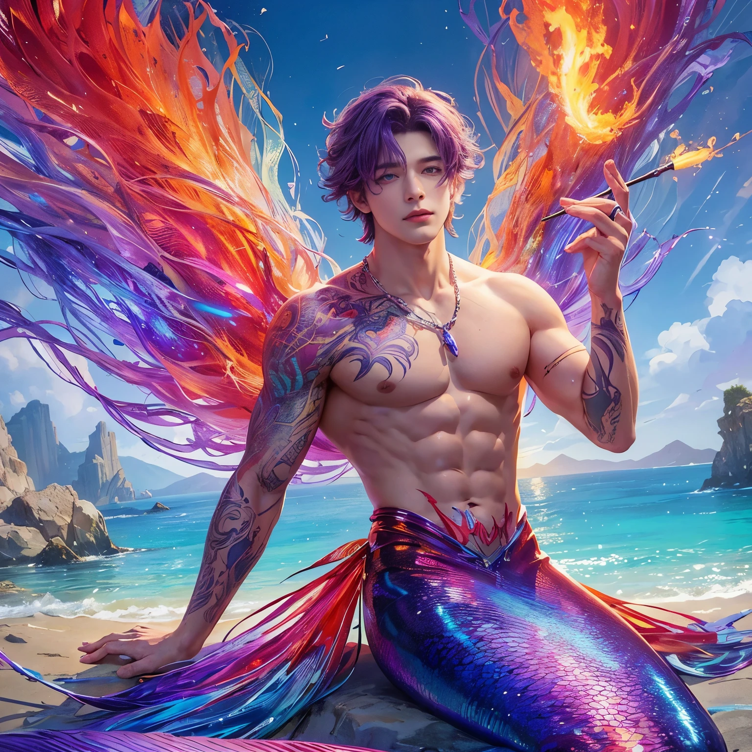 A 24-year-old handsome , six-pack, purple part the middle of the curl hair ,white skin, deep purple eye pupils, wearing long big colourfull transparent cloth of light in his tail, merman with a purple red mermaid tail and with beautiful long colourfull transparent fin tail made of fire,fullbody, carrying magic paintbrush, fire magic come out from his paintbrush , sitting on temple looking forward,point of view from above,background oasis night ,in realistic art style,