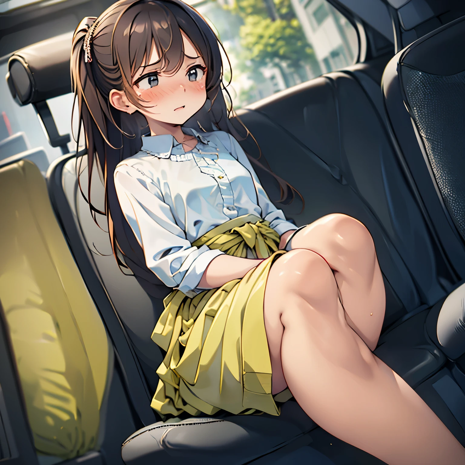 masterpiece, best quality, 1girl, solo, natsuiro matsuri, blue eyes, brown hair, petite, side ponytail, cat hair ornament, side ponytail, ahoge, lat chest, sandy brown tank top, flower trim, lightslate gray skirt,, hair ribbon, barefoot, on the bus, crowd, reclining, pov, tired