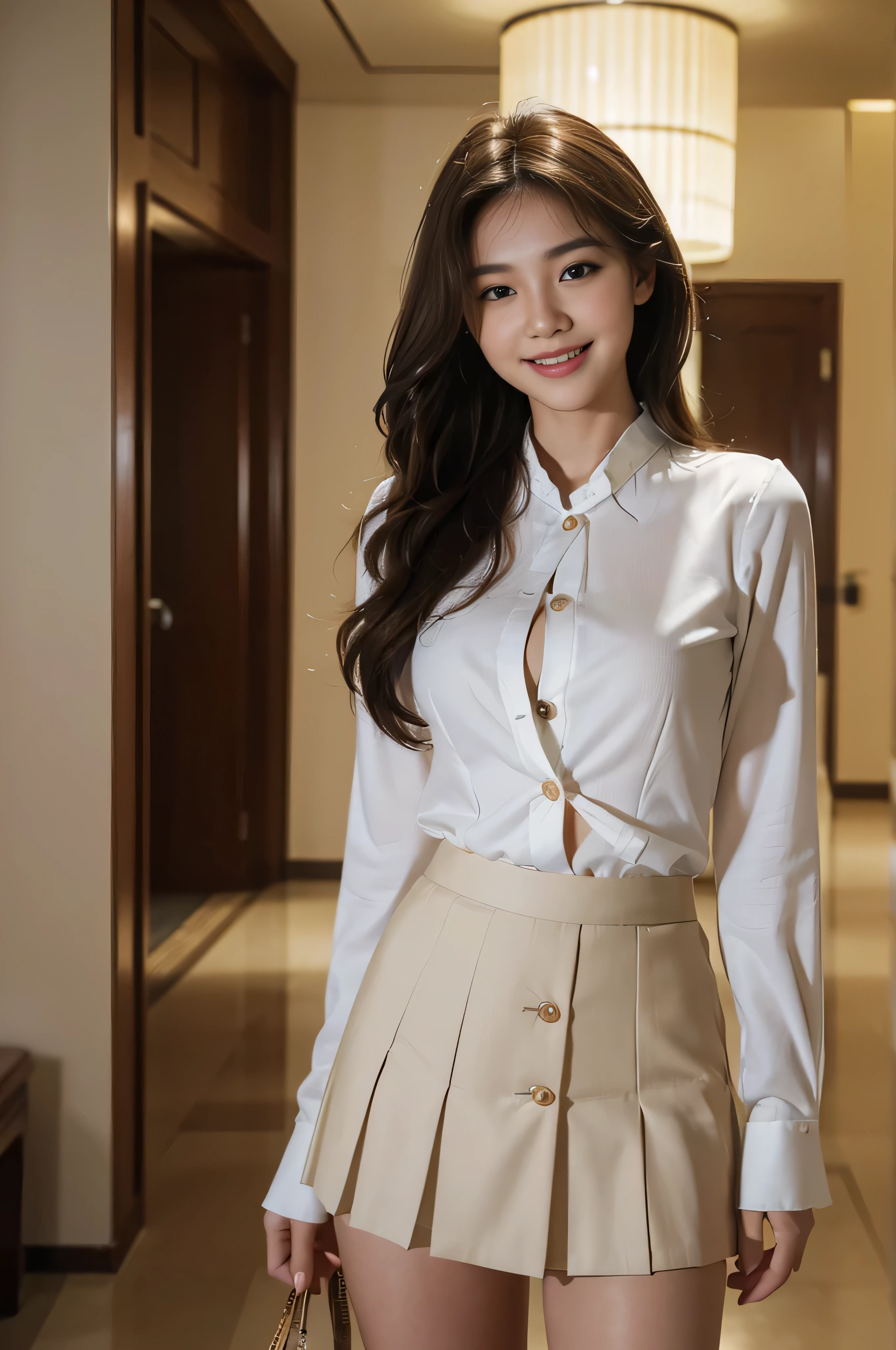masterpiece, full body shot, directly front view, 1 woman per 1 photo, a Japanese young pretty woman, hyper pretty face, 18 years old, glamorous figure, big smile, wearing a short sleeves silky white collared shirt, unbuttoning all buttons on her shirt, wearing a short length shiny silk white slip under the shirt, wearing a silky white thongs underwear, in front of her opened closet in her room, naked legs, glossy lips, double eyelids in both eyes, natural makeup, long eyelashes, shiny smooth light brown hair of medium length, asymmetrical bangs, tanned skin, head in the frame, central image, 8K resolution, high detail, detailed hairstyle, Detailed Face, spectacular cinematic lighting, octane rendering, vibrant, hyper realistic, perfect limbs, perfect anatomy