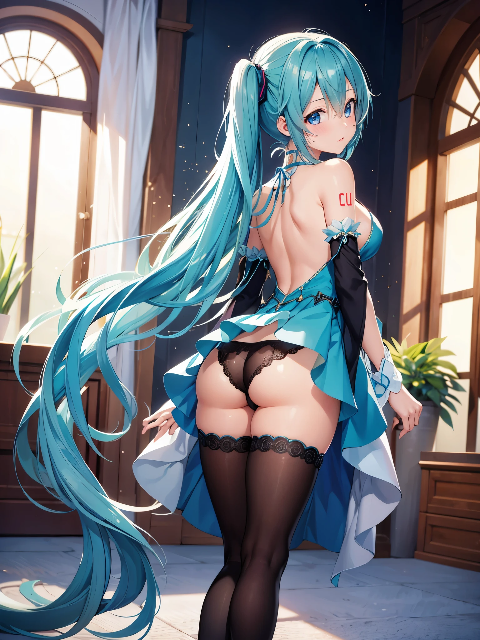 (1 girl),(high quality), (High resolution), (extremely detailed), (8K),(focus on lower body),(CG)、goddess of the sea、goddess outfit、transparent costume、blue dress、Magic Mentor、sexy panties、(black knee high stockings:1.2)、nipple shape、No shoes、neutral white lighting,sexy pose、showing panties、Hatsune Miku、Turning your back and sticking out your butt、fantasy world