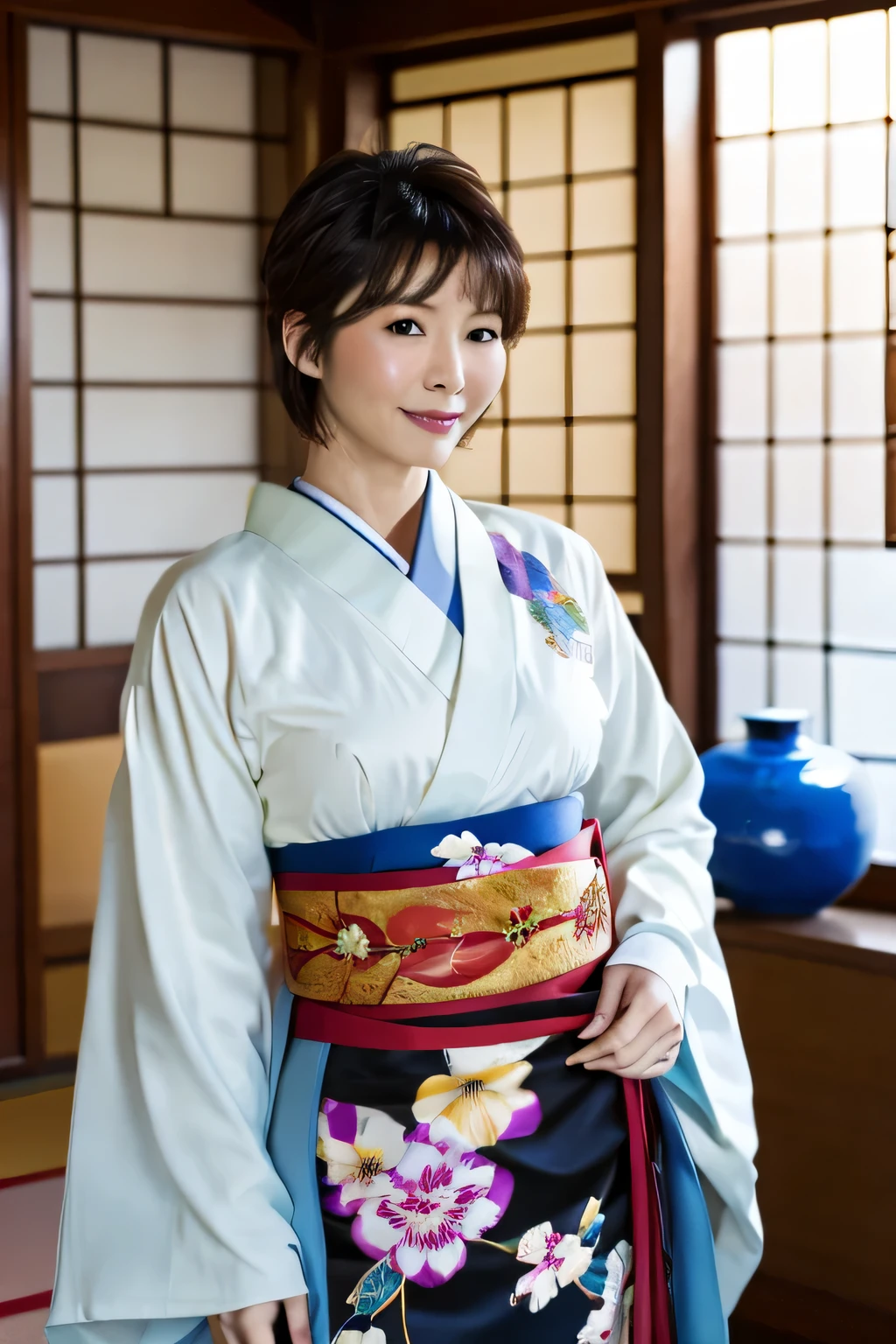 highest quality, masterpiece, ultra high resolution, (realistic:1.4), RAW photo, very detailed, perfect anatomy, cowboy shot, upward waist, looking at the viewer, In a Japanese room, Wearing a luxurious kimono,, Detailed very beautiful black short cut hair, A detailed and luxurious kimono, Special Japanese room, Detailed and very beautiful realistic skin,beautiful mature woman,no makeup,