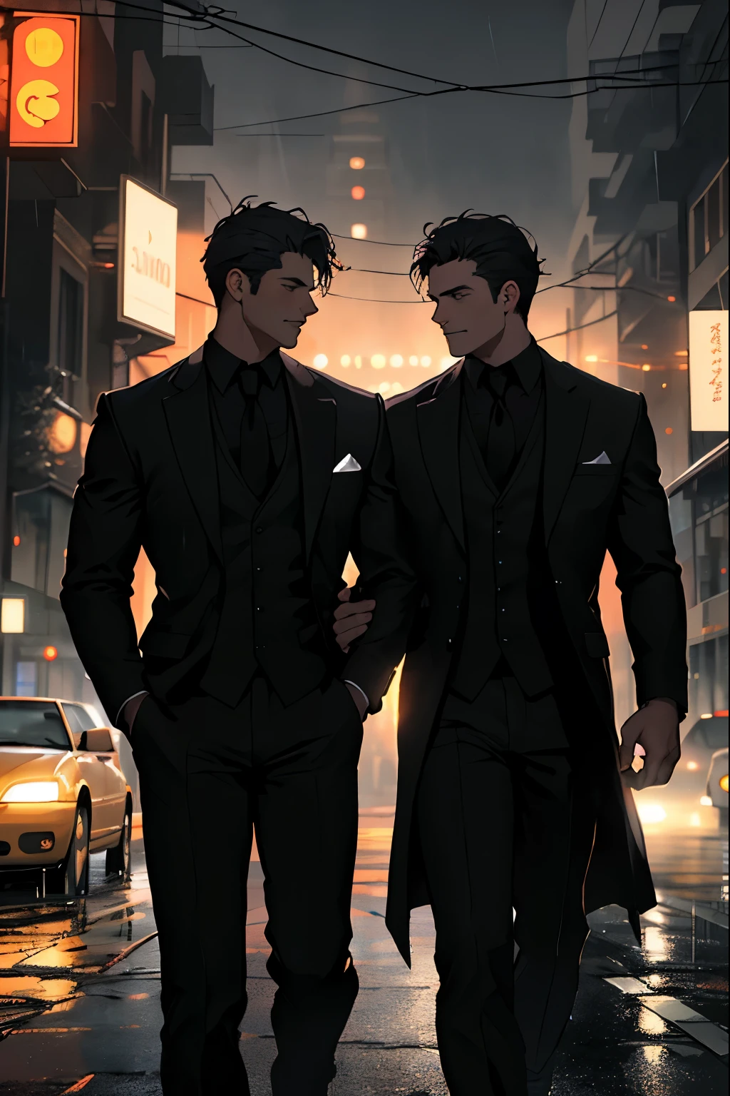 Two men in suits walking down a city street at night - SeaArt AI