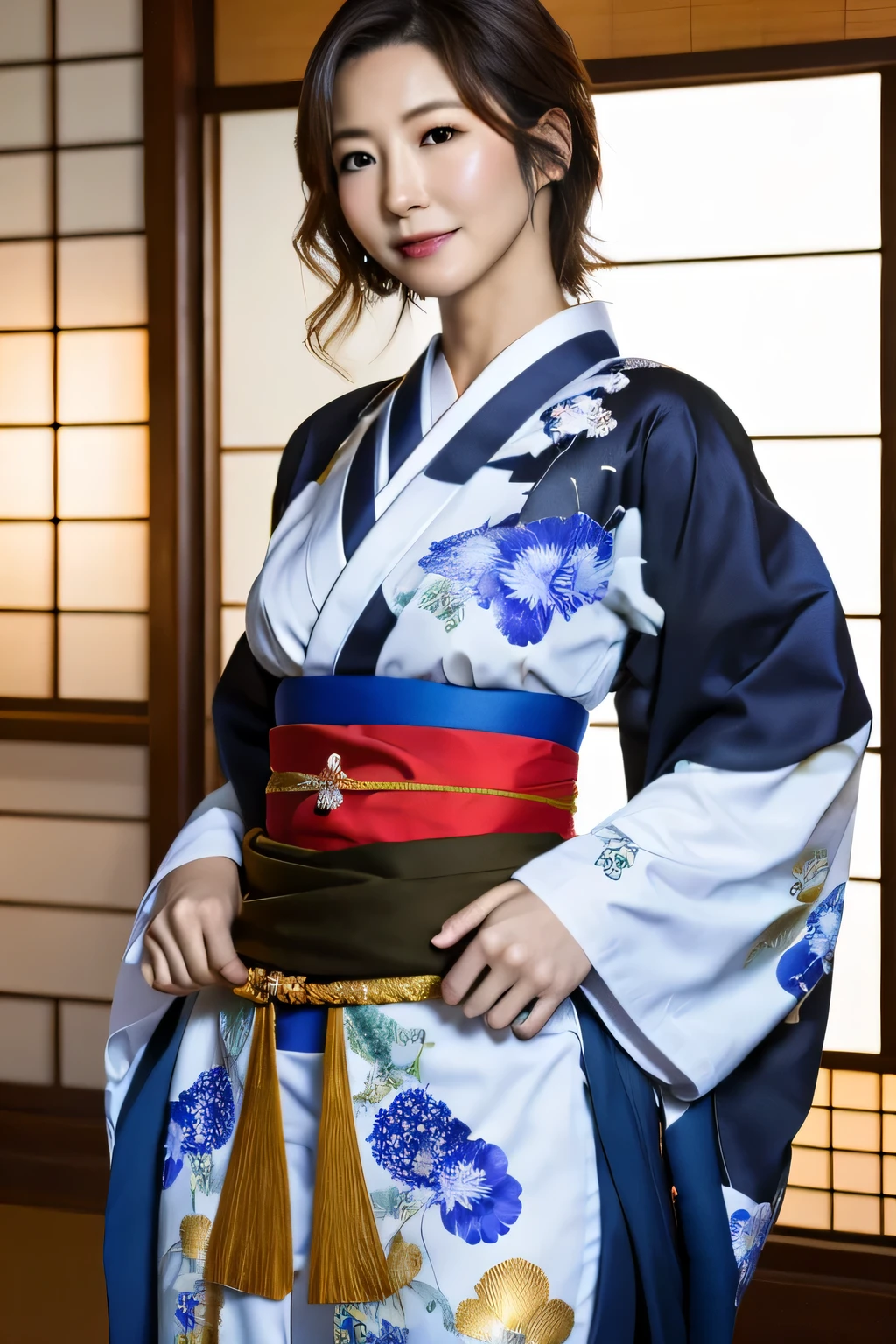 highest quality, masterpiece, ultra high resolution, (realistic:1.4), RAW photo, very detailed, perfect anatomy, cowboy shot, upward waist, looking at the viewer, In a Japanese room, Wearing a luxurious kimono,, Detailed very beautiful black short cut hair, A detailed and luxurious kimono, Special Japanese room, Detailed and very beautiful realistic skin,beautiful mature woman,no makeup,