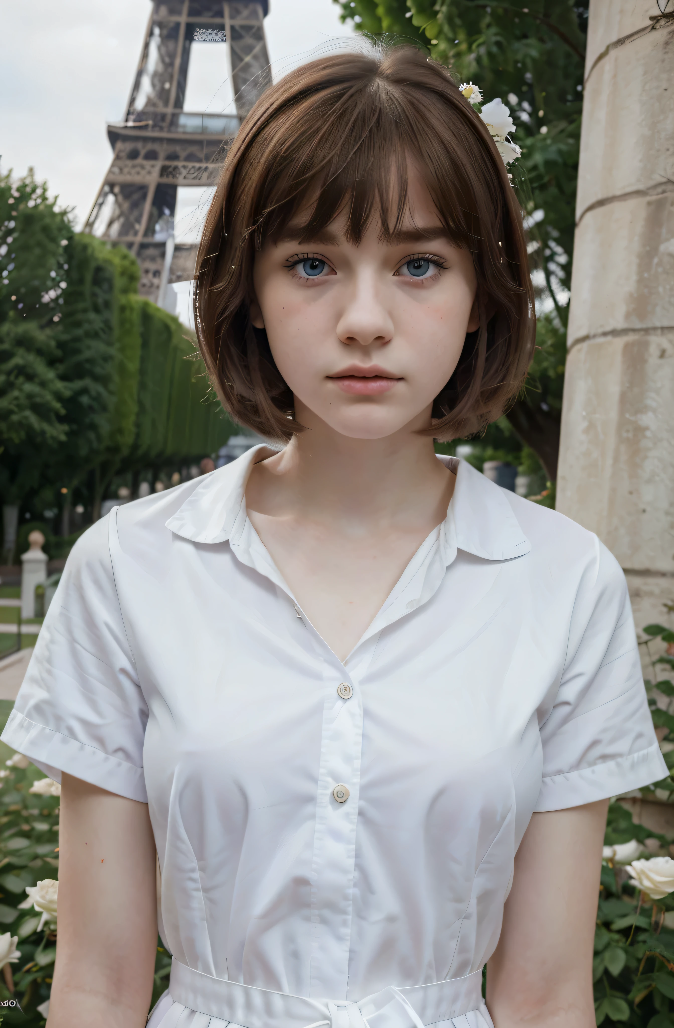(Mejor calidad,hyper realistic,ultra detallado,8K), adolescente, Fifteen years old, shy, triste, palidez, grandes ojos azules, piel muy blanca, small nose, short brown hair with bangs, melancholia, uniforme escolar elegante, white rose garden, torre Eiffel.