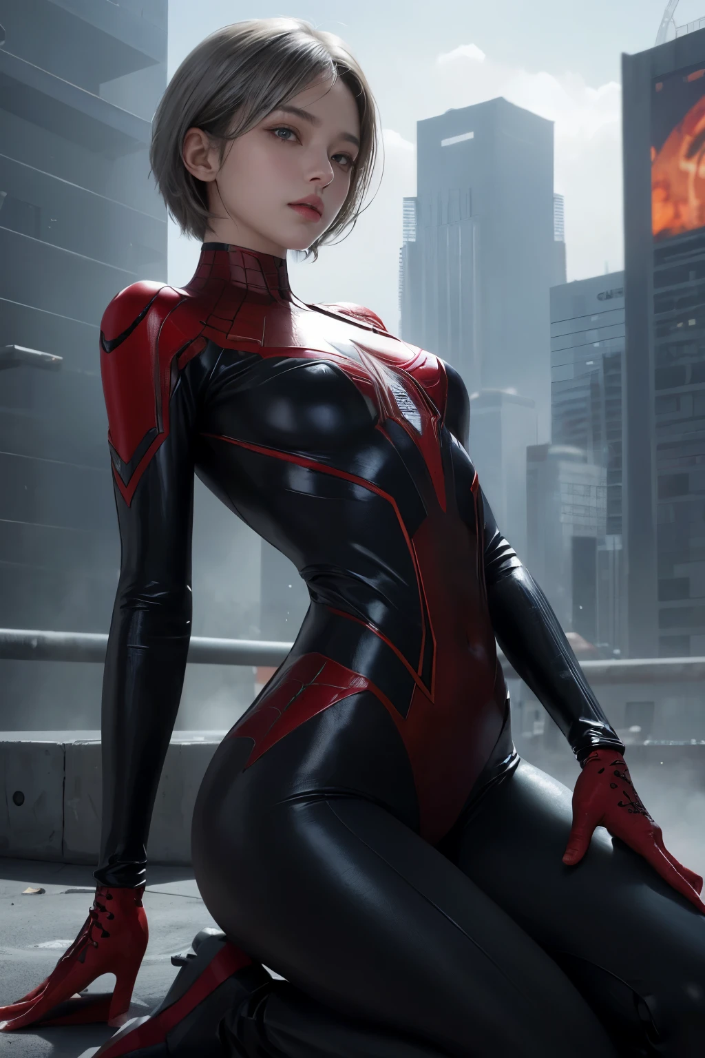 RAW, Masterpiece, Super Fine Photo,, Best Quality, Ultra High Resolution, Photorealistic, Sunlight, Full Body Portrait, Stunningly Beautiful, Dynamic Poses, Delicate Face, Vibrant Eyes, (Side View) , she is wearing a futuristic Iron Lady Spiderman costume, very detailed background, detailed face, detailed and complex busy background, messy, gorgeous, milky, high detailed skin, realistic skin details, visible pores, sharp focus, Volumetric fog, 8k uhd, dslr, high quality, film grain, fair skin, photorealism, lomography, sprawling metropolis in a futuristic dystopia, view from below, translucent,short hair,silver hair,blue eye,tall woman,cool beauty,short hair,short hair,black hair,Precisely expresses details such as face and skin texture, fine eyes, double eyelid,delicate skin,charismatic,realistic