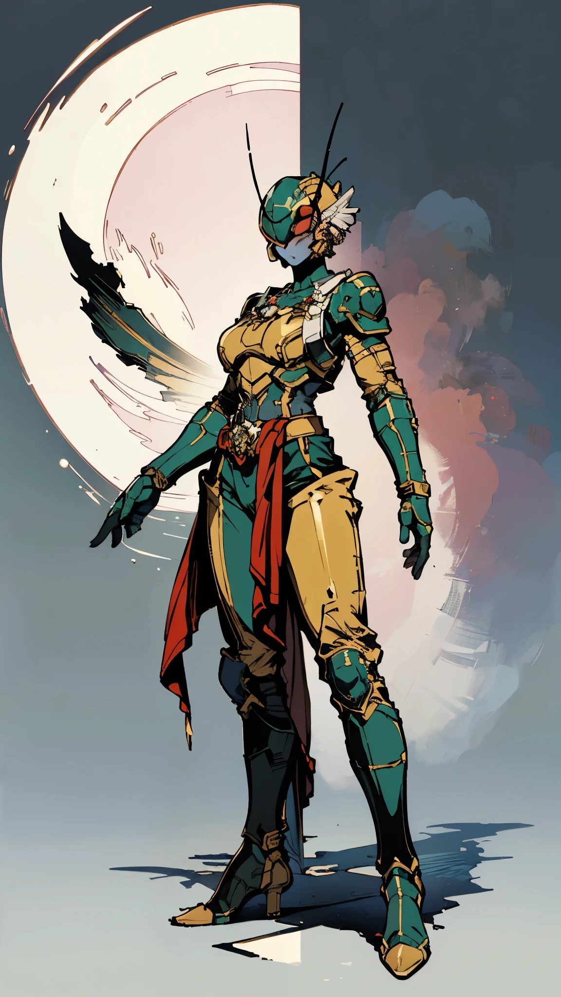 A woman adorned in fantasy-style full-body armor, a crown-concept fully enclosed helmet that unveils only her eyes, a composite layered chest plate, fully encompassing shoulder and hand guards, a lightweight waist armor, form-fitting shin guards, the overall design is heavy-duty yet flexible, (the armor gleams with a golden glow, complemented by red and blue accents), exhibiting a noble aura, she floats above a fantasy-surreal high-tech city, this character embodies a finely crafted fantasy-surreal style armored hero in anime style, exquisite and mature manga art style, (mixture of Queen bee and Spider concept Armor, plasma), ((Element, elegant, goddess, femminine:1.5)), metallic, high definition, best quality, highres, ultra-detailed, ultra-fine painting, extremely delicate, professional, anatomically correct, symmetrical face, extremely detailed eyes and face, high quality eyes, creativity, RAW photo, UHD, 32k, Natural light, cinematic lighting, masterpiece-anatomy-perfect, masterpiece:1.5