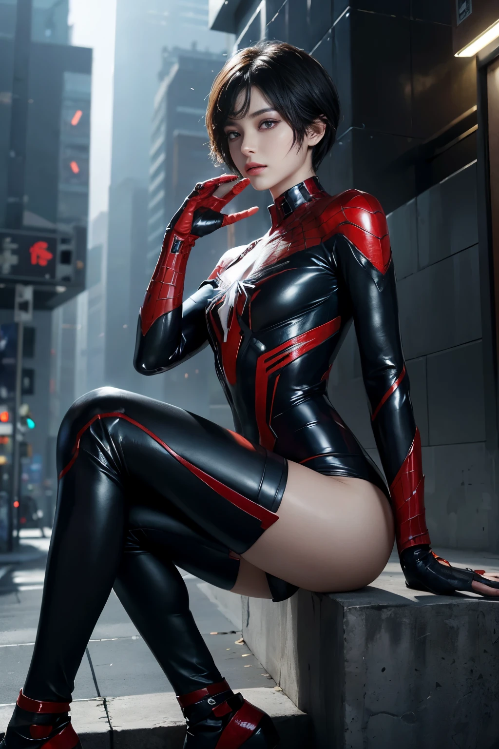 RAW, Masterpiece, Super Fine Photo,, Best Quality, Ultra High Resolution, Photorealistic, Sunlight, Full Body Portrait, Stunningly Beautiful, Dynamic Poses, Delicate Face, Vibrant Eyes, (Side View) , she is wearing a futuristic Iron Lady Spiderman costume, very detailed background, detailed face, detailed and complex busy background, messy, gorgeous, milky, high detailed skin, realistic skin details, visible pores, sharp focus, Volumetric fog, 8k uhd, dslr, high quality, film grain, fair skin, photorealism, lomography, sprawling metropolis in a futuristic dystopia, view from below, translucent,short hair,short hair,tall woman,cool beauty,short hair,short hair,black hair,Precisely expresses details such as face and skin texture, fine eyes, double eyelid,delicate skin,charismatic,realistic