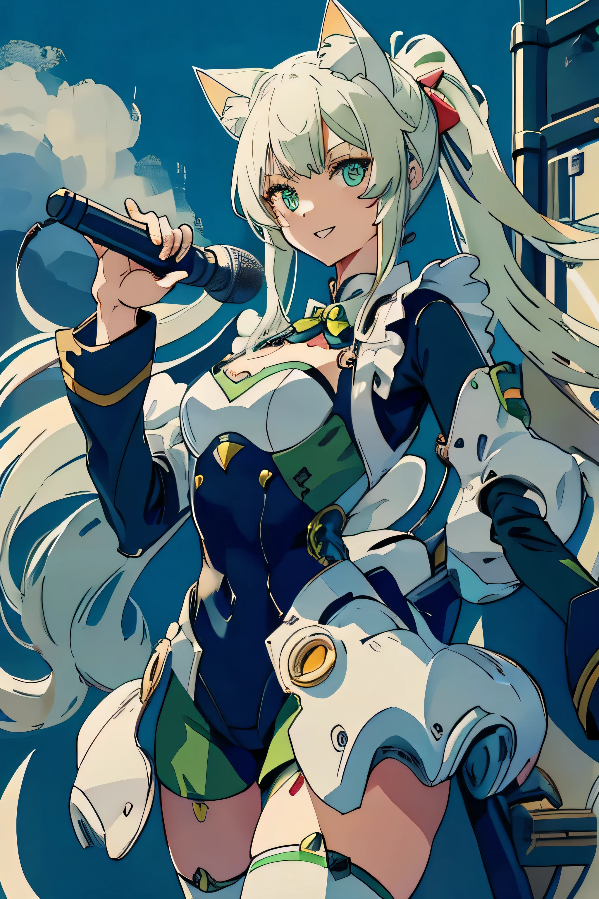 1 Cat-eared maid wearing a mecha suit, Slender fuselage,shining eyes, ((cool pointing pose)),((I have a karaoke microphone)),camouflage, green and white body,((cat ears long hair)),battlefield concept art ,ink art, flat color, high contrast, fashion absurdity, highest quality, negative space,Against the background of blue sky and white clouds,With a big smile,