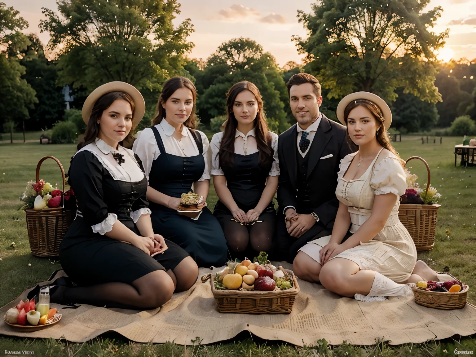 Outdoor group photo of 5 person: 3 beautiful woman, 1 chubby woman, 1 slim muscular man, wearing full victorian attire, picnic on prairie, sitting on carpet, fruit and food basket, complete tea set, afternoon, golden hour