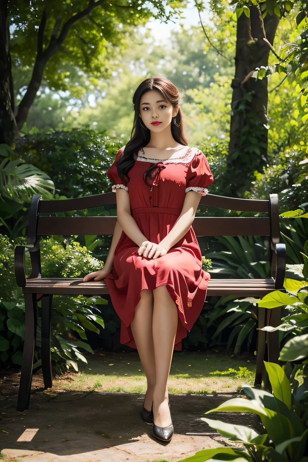 (full body) A girl sitting gracefully in a beautiful garden, dressed in a vibrant red dress that perfectly matches her full red lips. Her eyes sparkle with a touch of mystery as they reflect the surroundings. The garden is filled with colorful flowers and lush greenery, creating a tranquil and serene atmosphere. The girl's posture radiates elegance and confidence as she sits upon a delicate wooden bench. The sunlight gently filters through the trees, casting a warm glow upon her and illuminating the garden. The scene is like a snapshot from a bygone era, capturing the essence of youth and beauty. The artwork is created using a combination of illustration and photography, resulting in a visually captivating masterpiece. The colors are vivid and saturated, evoking a sense of richness and vibrancy. The lighting is carefully crafted to enhance the girl's features and create a harmonious balance between light and shadow. The overall image quality is of the highest standard, with ultra-detailed elements and a photorealistic rendering that brings the scene to life.