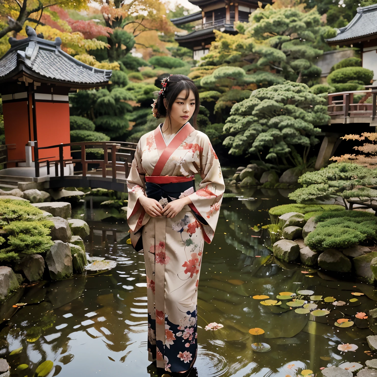 (a geisha in traditional kimono with half-turned hair, Japanese garden with pond and bridge in the background. Autumn colors. Aesthetic of Japanese prints of the 19th century), (high-res, ultra-detailed), (traditional illustration, delicate brushstrokes), (vivid colors, rich color palette), (soft lighting, gentle shadows)