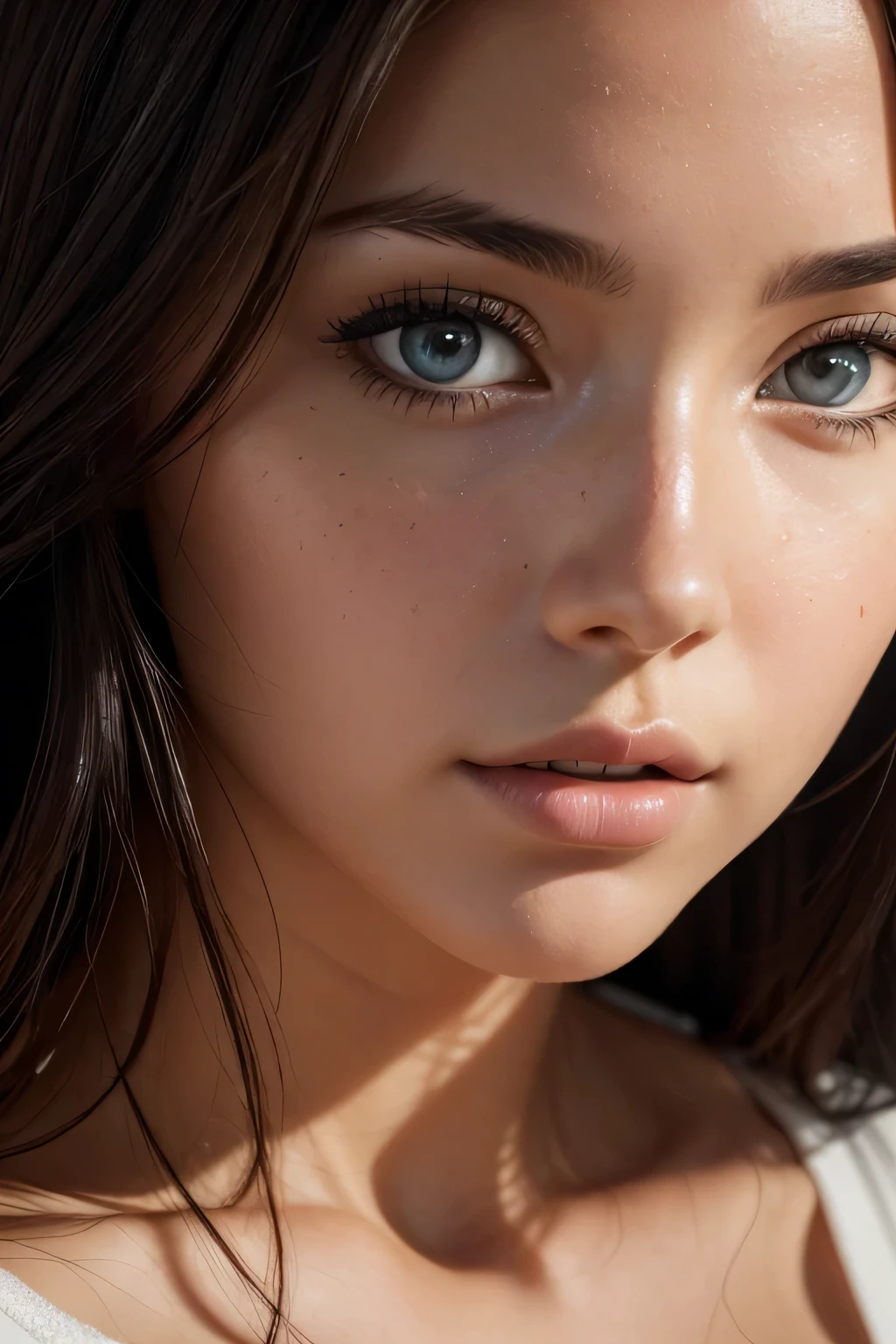(((close up of face)))、(surreal), (shape), (High resolution), (8k), (very detailed), (best shape), (fine and beautiful eyes), (highest quality), (Super detailed), (masterpiece), ( wallpaper), (detailed face), alone, 1 girl, wavy black hair, unusual eyes, loose white shirt, yoga pants, big breasts, long legs, toned abdominal muscles, camel toe, dynamic pose 、(((close up of face)))