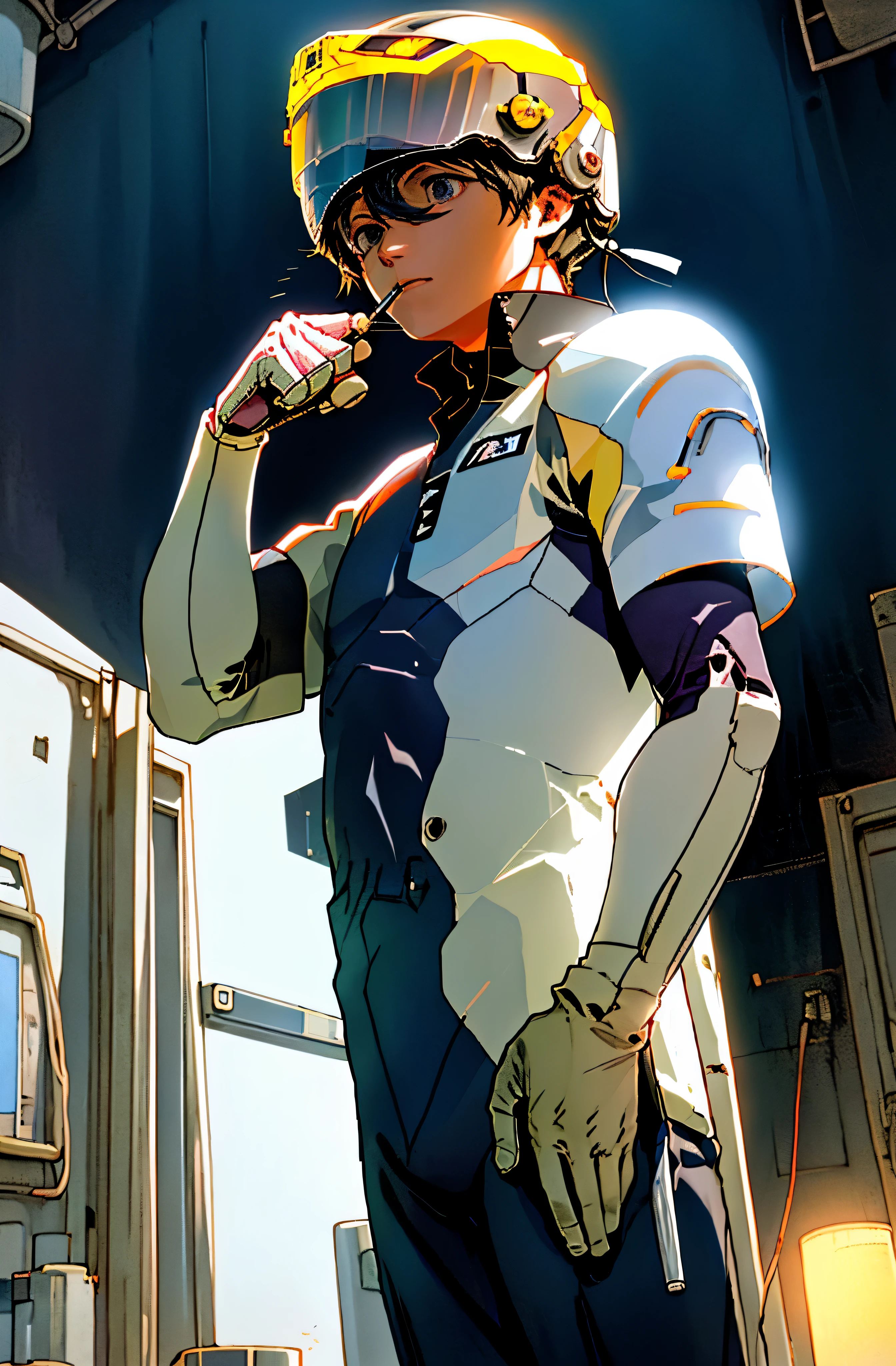 factory、1 boy、work、data recorder、silver disc、indirect lighting、Helmet、Work clothes、cigarette、small room