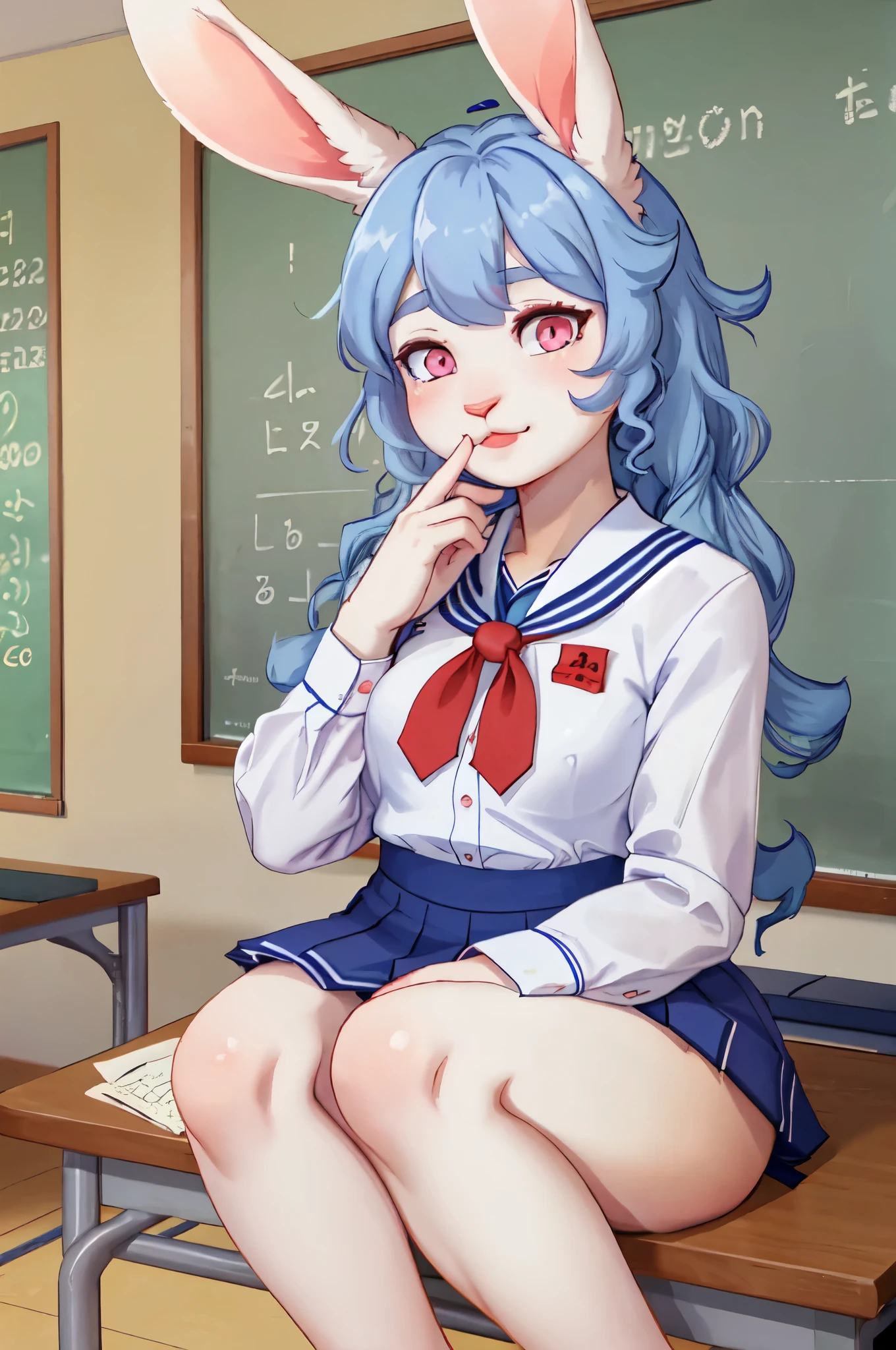 (A korean school uniform),(a white female rabbit furry), light blue curly hair, pink eyes, sfw, kemomo