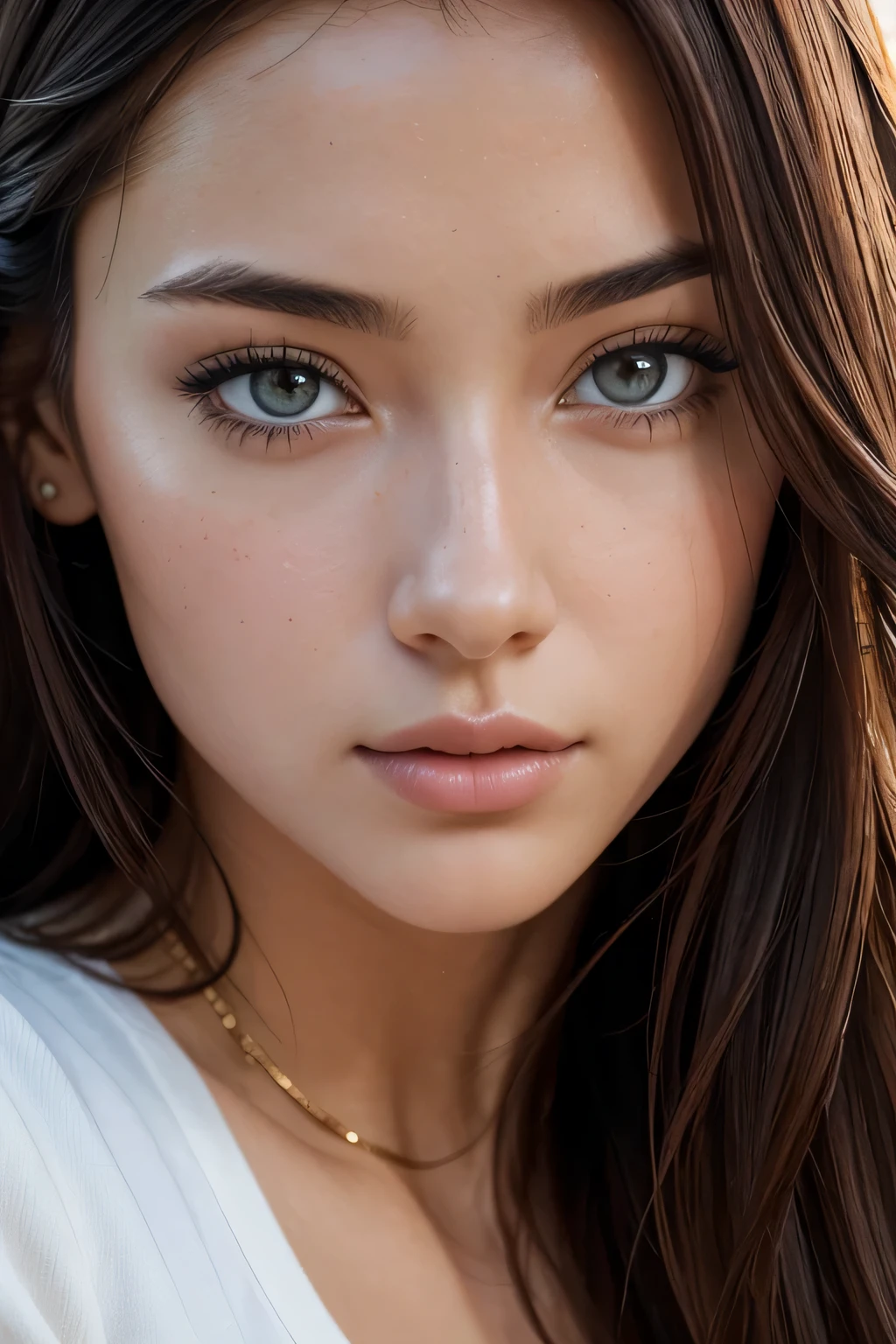 (((close up of face)))、(surreal), (shape), (High resolution), (8k), (very detailed), (best shape), (fine and beautiful eyes), (highest quality), (Super detailed), (masterpiece), ( wallpaper), (detailed face), alone, 1 girl, wavy black hair, unusual eyes, loose white shirt, yoga pants, big breasts, long legs, toned abdominal muscles, camel toe, dynamic pose 、(((close up of face)))