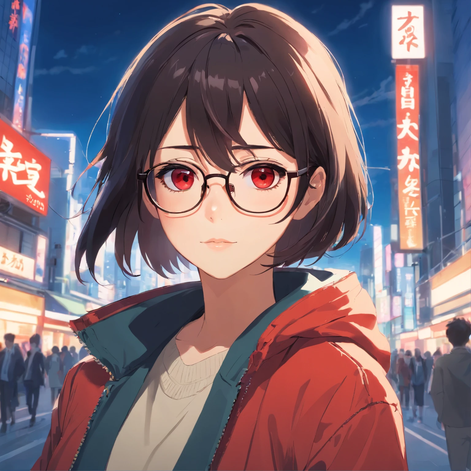 A handsome girl, jacket, wearing glasses, square-framed glasses, beautiful red eyes, black hair, sharp features, detailed face, cool