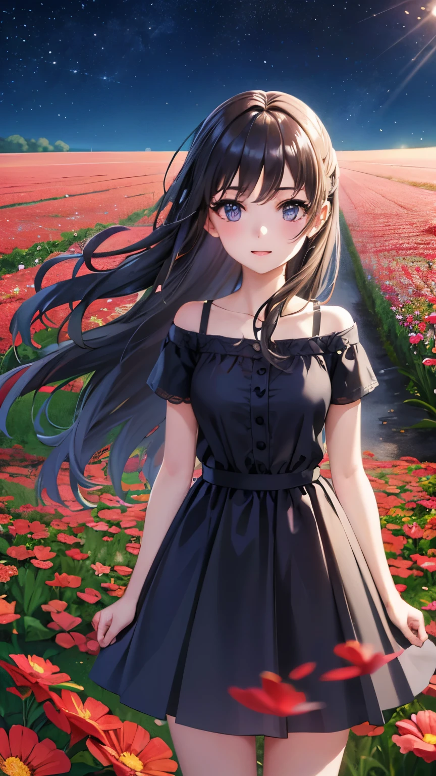 There is a girl standing in a flower field looking up at the sky, a girl standing in a flower field, a girl walking in a flower field, lost in a dreamy wonderland, standing in a flower field, fantastic digital painting, the sky gradually clears, the starry sky gradually recedes, smile, beautiful, sexy