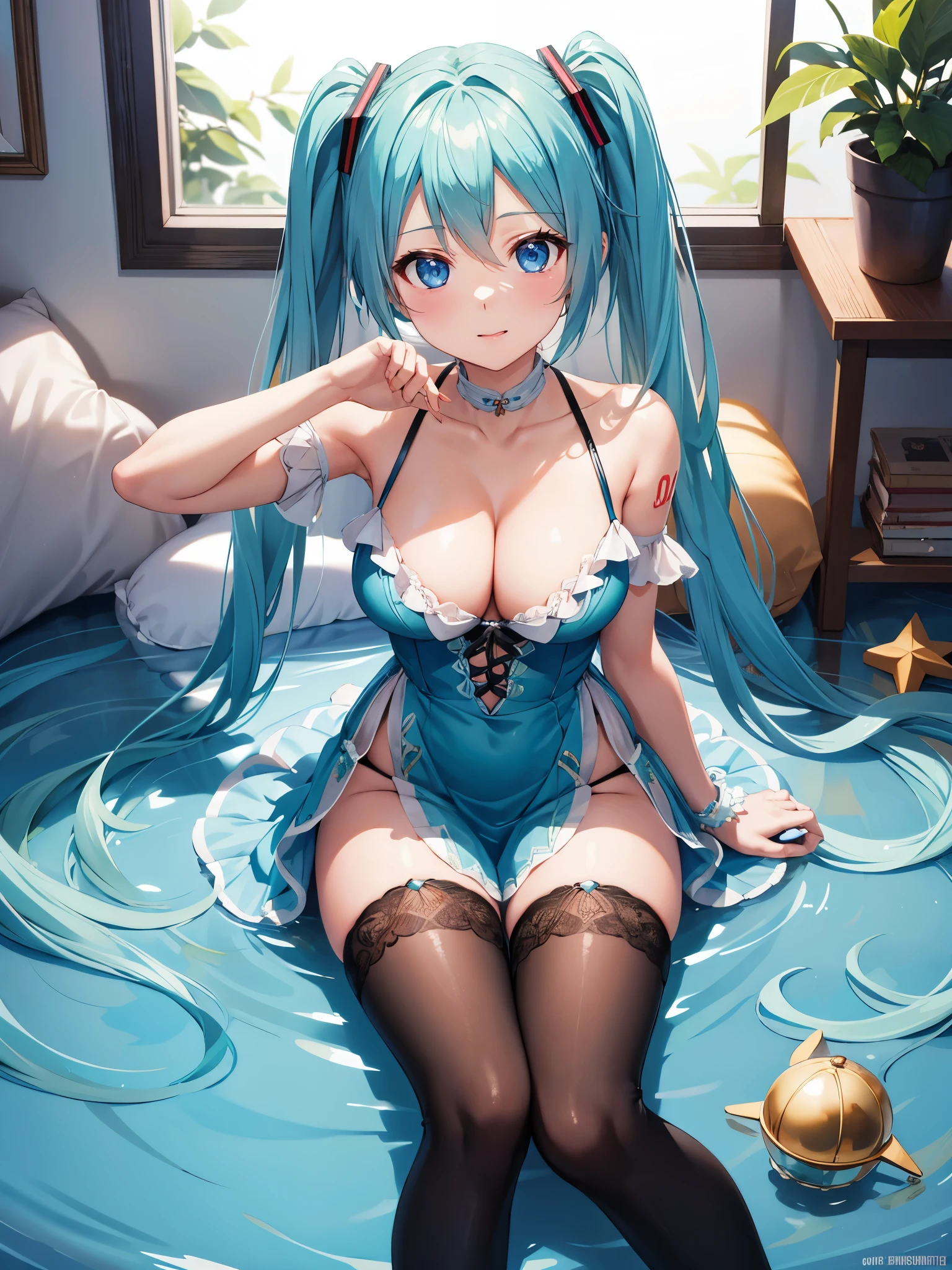 (1 girl),(high quality), (High resolution), (extremely detailed), (8K),(focus on lower body),(CG)、goddess of the sea、goddess outfit、transparent costume、blue dress、Magic Mentor、sexy panties、(black knee high stockings:1.2)、nipple shape、No shoes、neutral white lighting,sexy pose、showing panties、Hatsune Miku、Sitting with your back to you、fantasy world