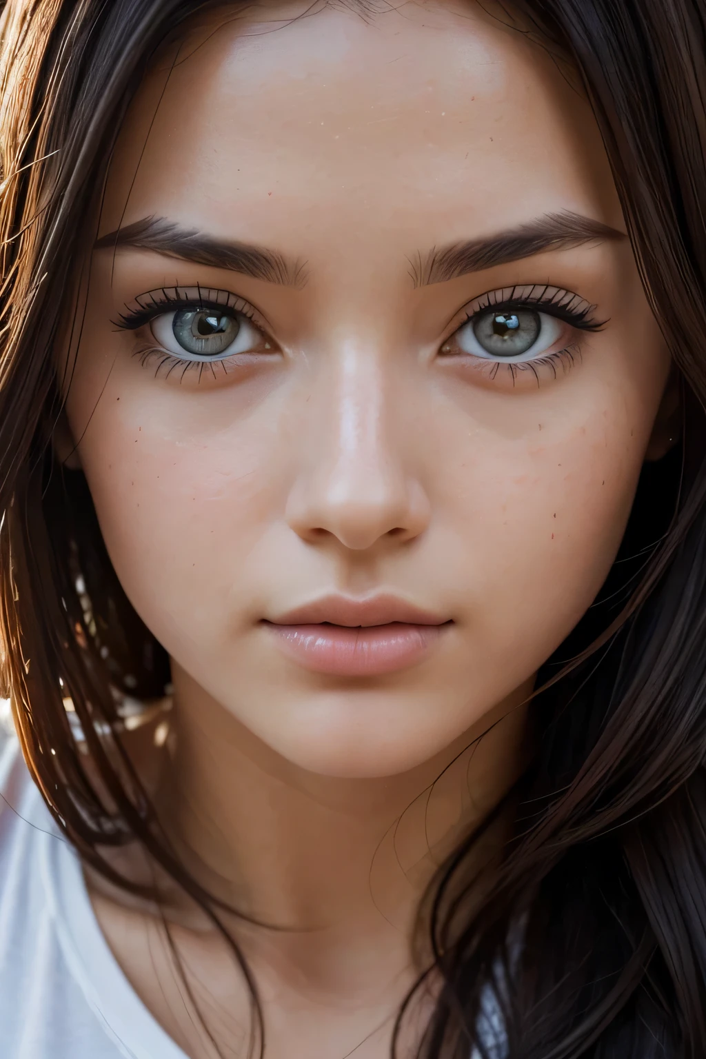 (((close up of face)))、(surreal), (shape), (High resolution), (8k), (very detailed), (best shape), (fine and beautiful eyes), (highest quality), (Super detailed), (masterpiece), ( wallpaper), (detailed face), alone, 1 girl, wavy black hair, unusual eyes, loose white shirt, yoga pants, big breasts, long legs, toned abdominal muscles, camel toe, dynamic pose 、(((close up of face)))