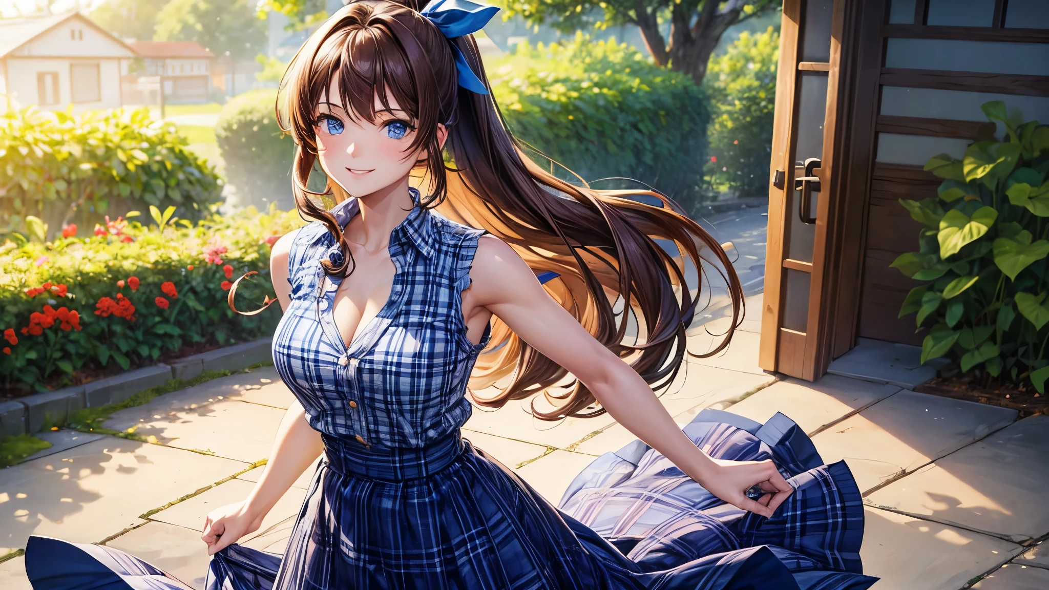 1girl, solo, village, trees, flowers, people, brown hair, long hair, curly hair, ponytail, large breasts, button down shirt, open chest, belly reveal, blue eyes, ((blue checked shirt)), ((unbuttoned shirt)), cleavage 1:3, ((sleeveless shirt)), checked skirt, grin, looking at the viewer, hands on hip, standing, hair ribbon, golden necklate