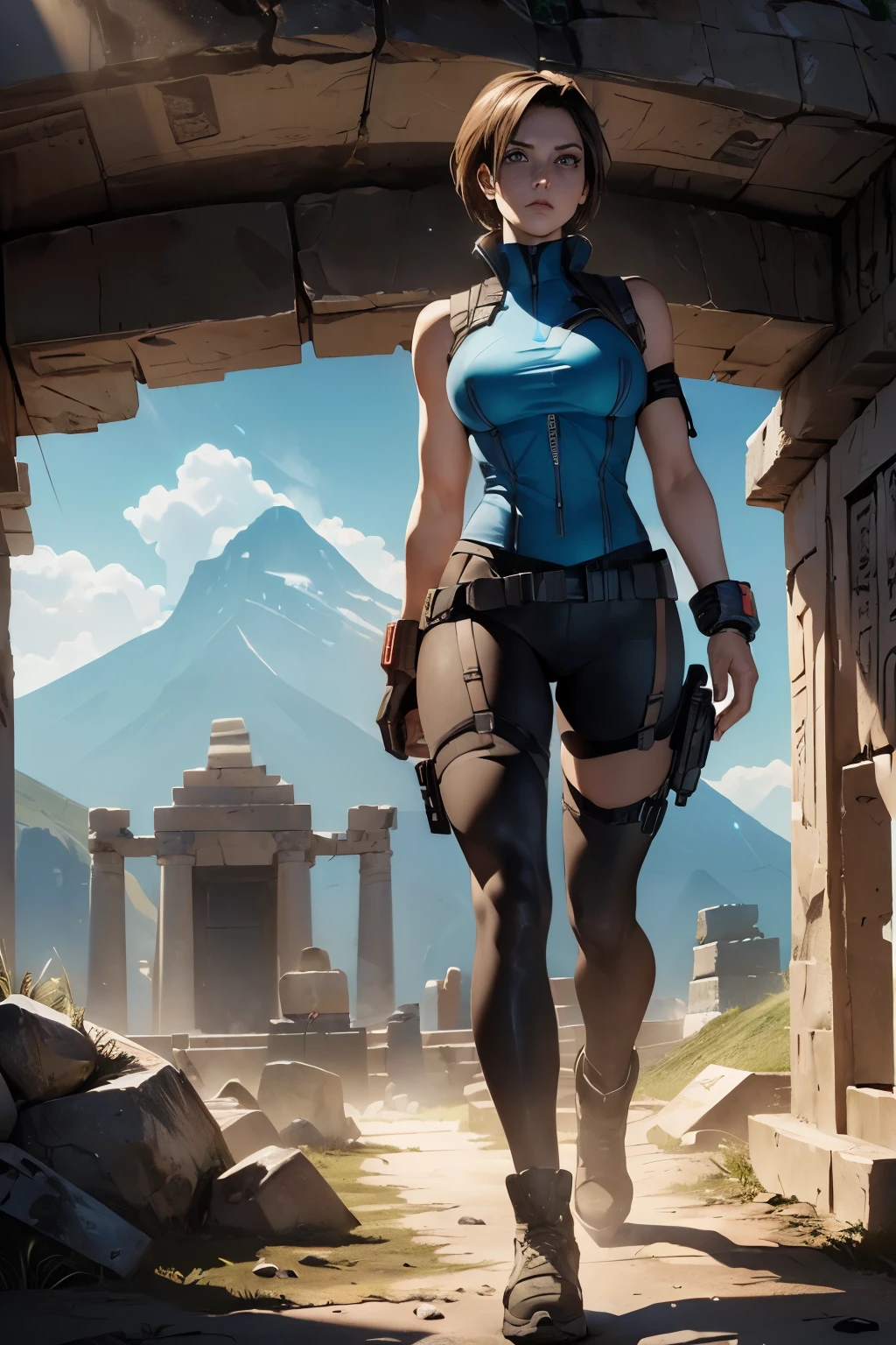 (((Ultra wide angle landscape of the ancient tomb))), a beautiful female adventurer stood in the distance, ((wearing a jill valentine outfit))