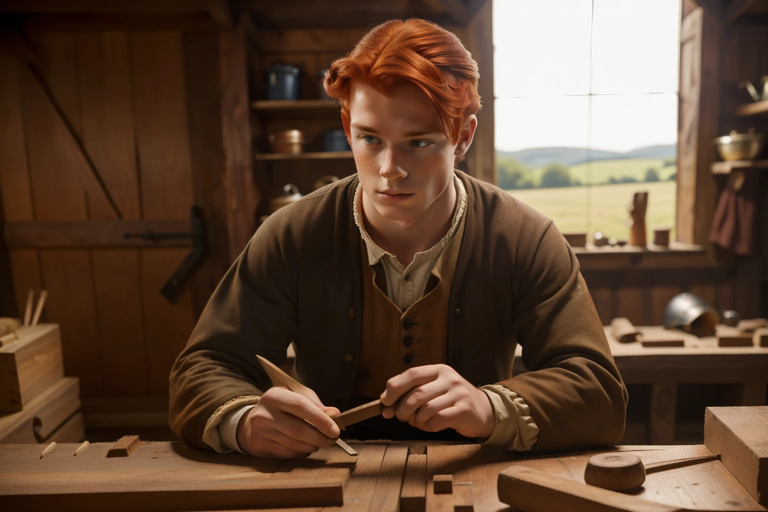 England, 1337. A young ((((21-year-old)) Merthin Fitzgerald)), handsome, athletic, ((carpenter)), working, workshop, ((concentration expression)). ((((clothings from the 1300s)))), ((redhead hairstyle of the 1300s))
