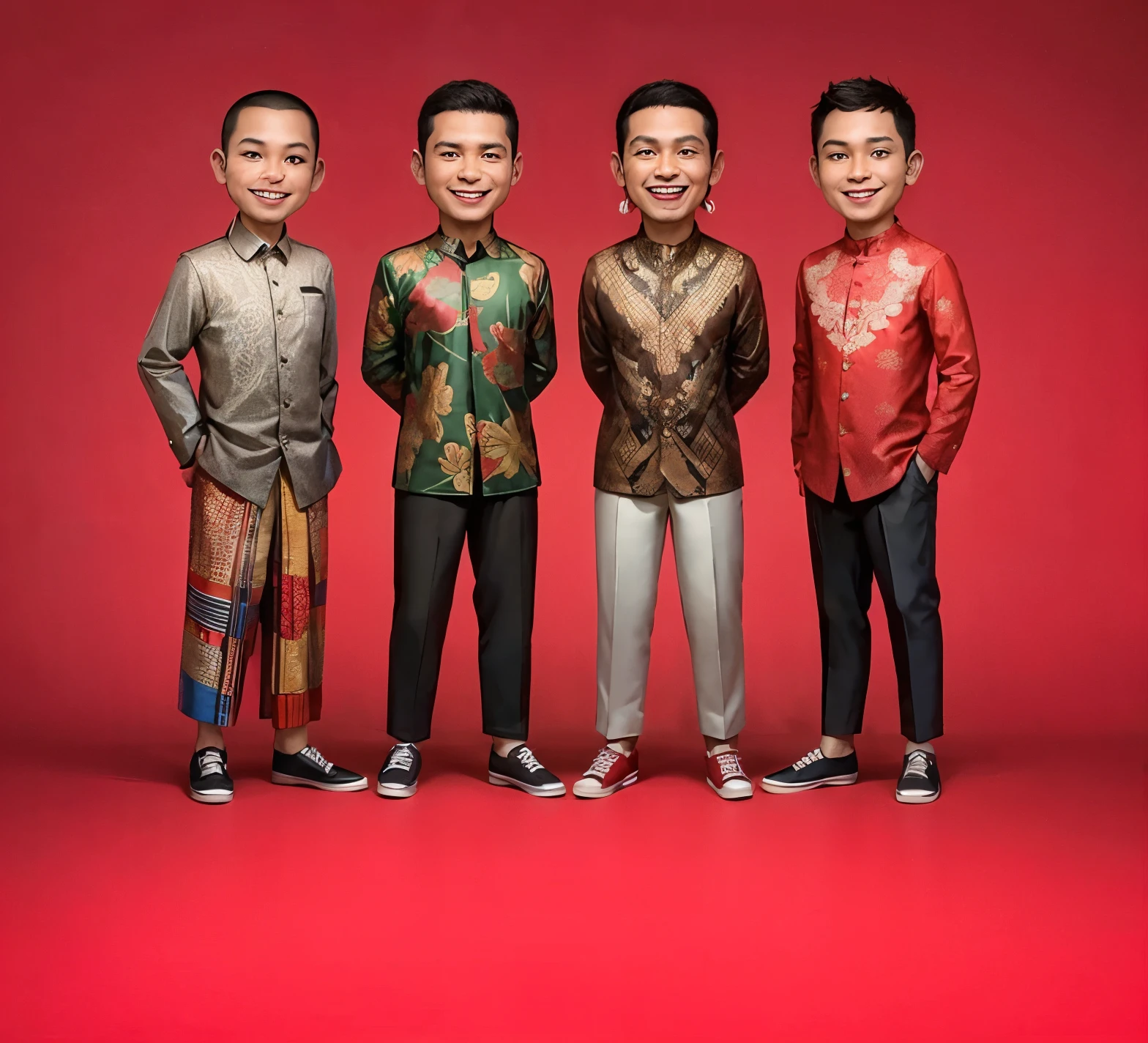 A realistic caricature of four Indonesian men wearing different batik clothes, all standing with clean, cheerful, smiling faces, on a red and black studio photo background. Make it in PNG file. The caricature should show their full body.