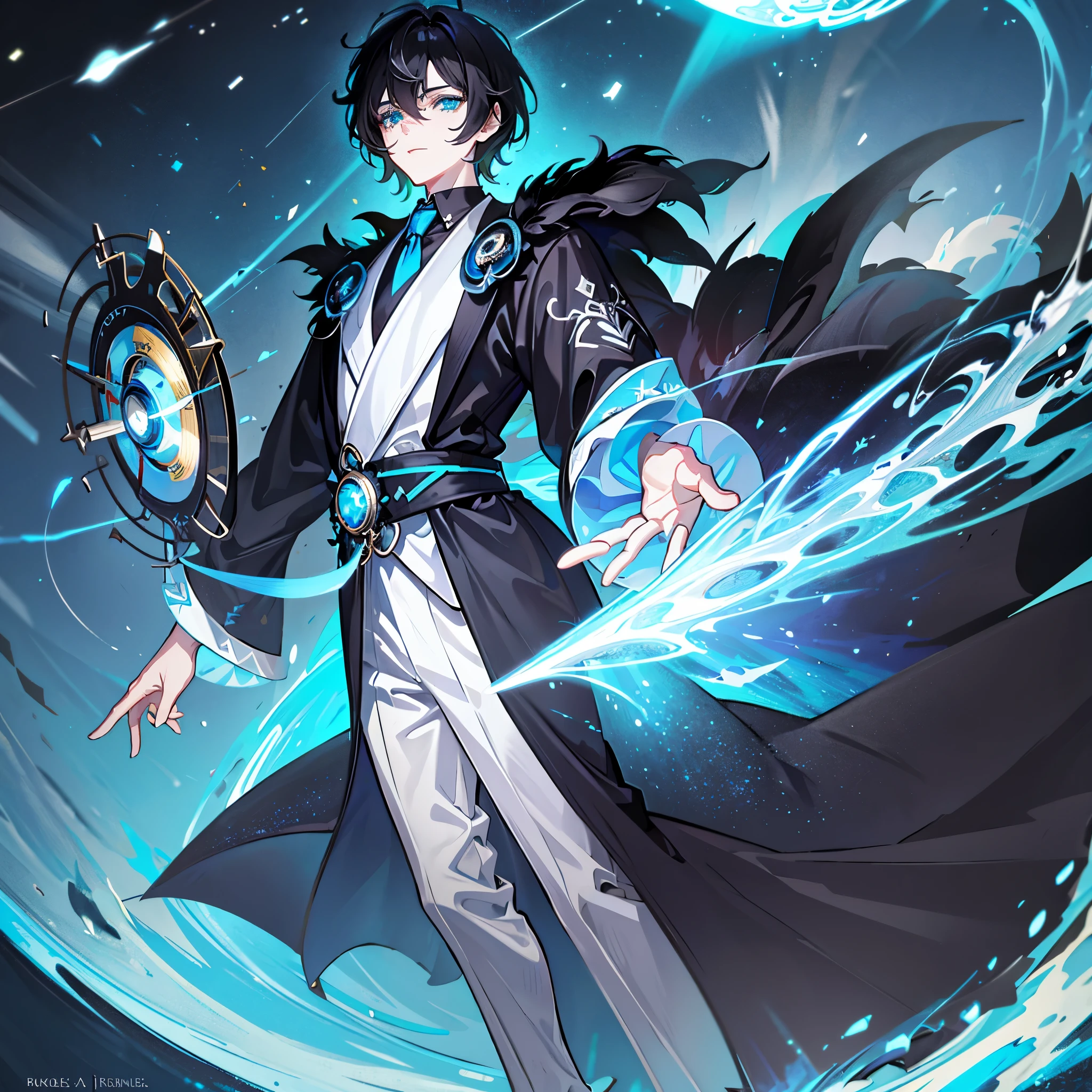 ((Black))fluffy short hair,cyan eyes,????? boy,blue and white robe,god of time and space,Magic Light Wheel,space-time elements,Eyes gaze,Attention to detail,highest quality,short black hair