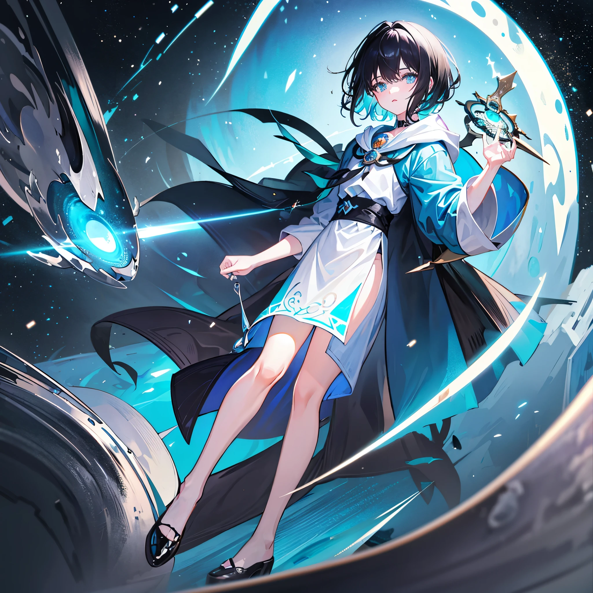 ((Black))fluffy short hair,cyan eyes,horny boy,blue and white robe,god of time and space,Magic Light Wheel,space-time elements,Eyes gaze,Attention to detail,highest quality,short black hair