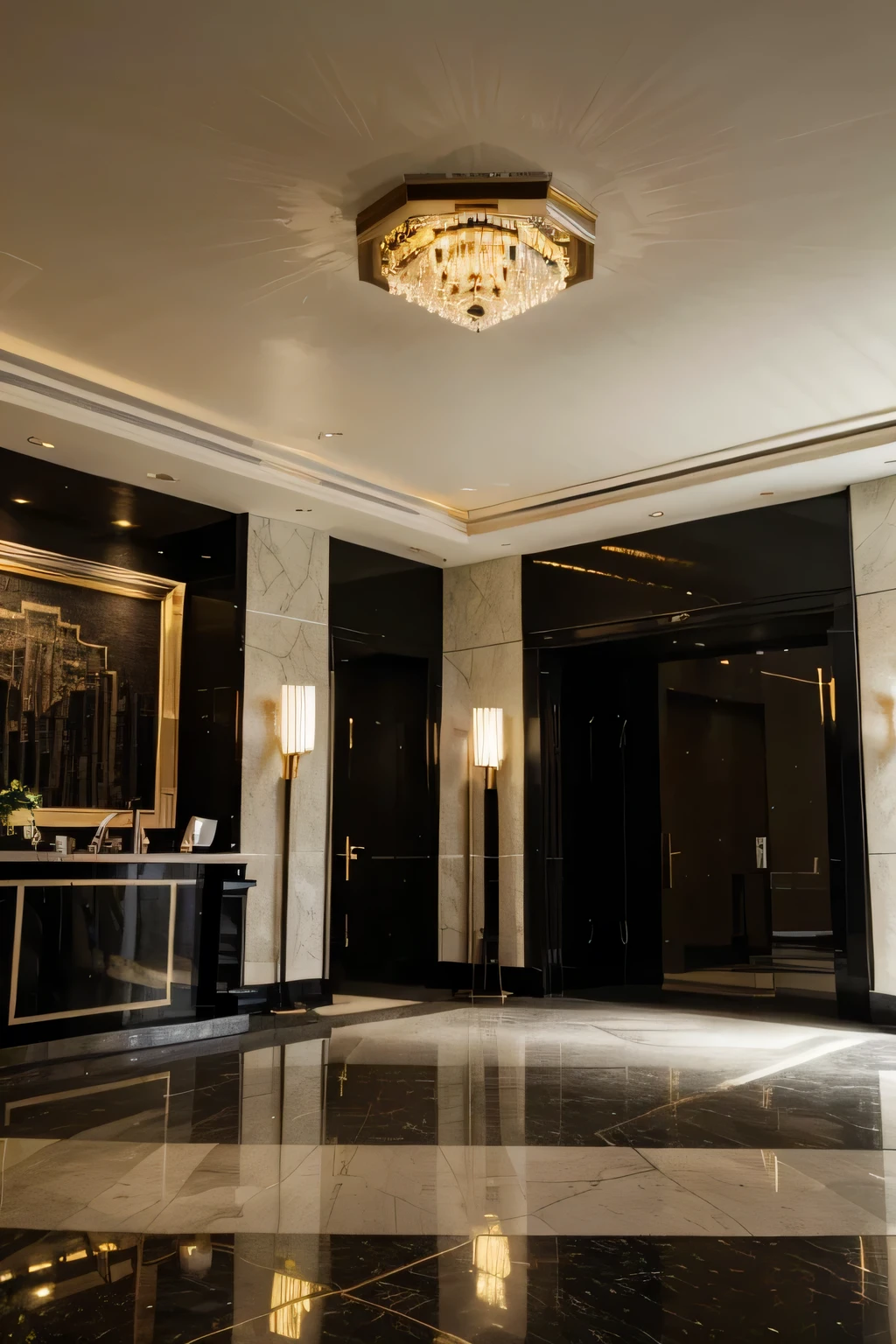 art deco style hotel lobby , ultra realistic, best quality, masterpiece, ultra high res, raw photo, black accent art deco wall , dominant white color , luxury gold, daylight, ceiling lamp, high ceiling, super wide shot